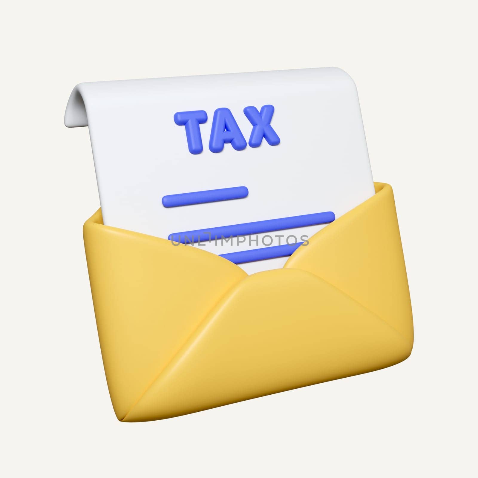3D Tax document in envelope. Cartoon design icon isolated on white background. 3d rendering illustration. Clipping path.