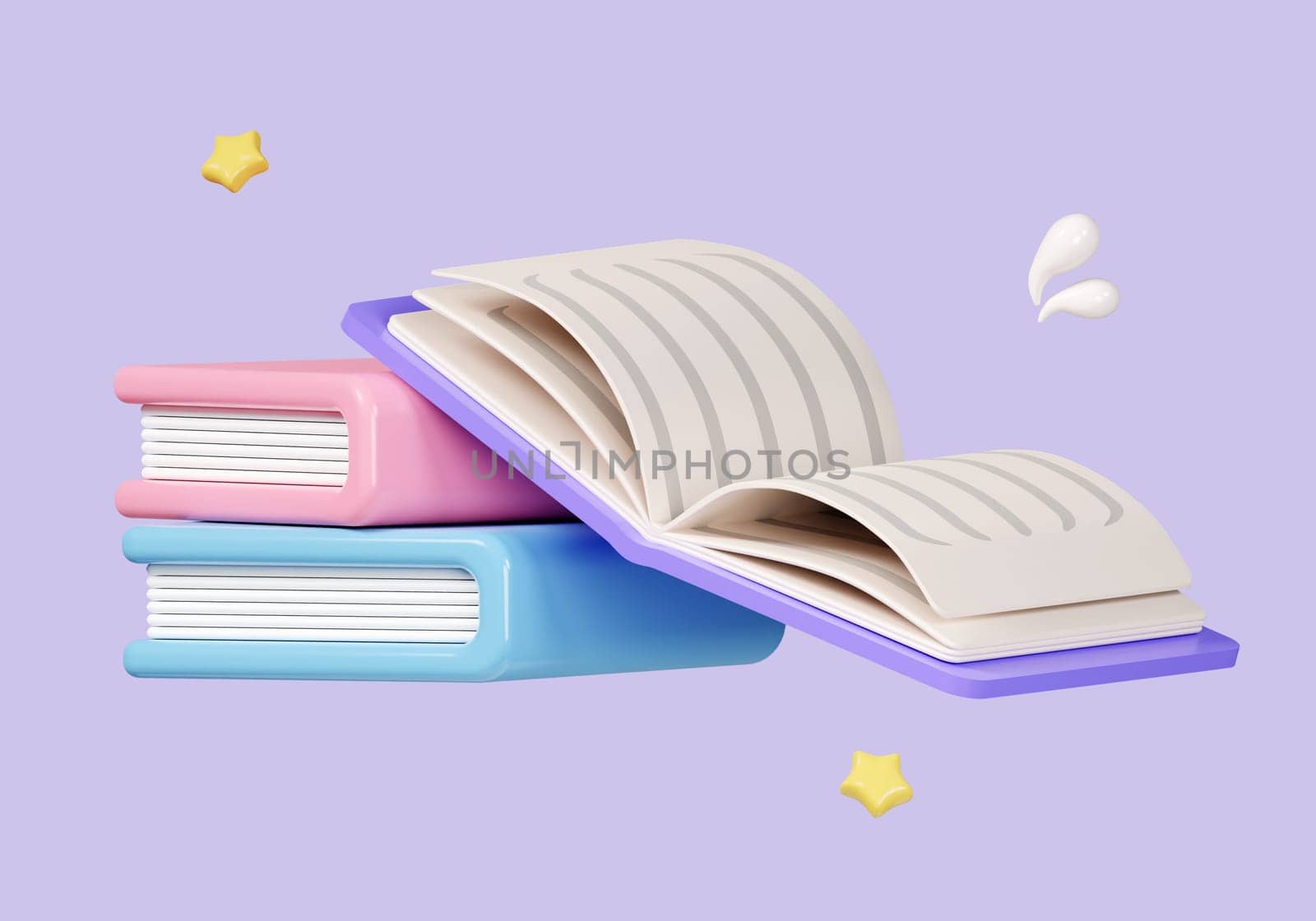 Open book on books stack isolated on pastel background. icon symbol clipping path. education. 3d render illustration.