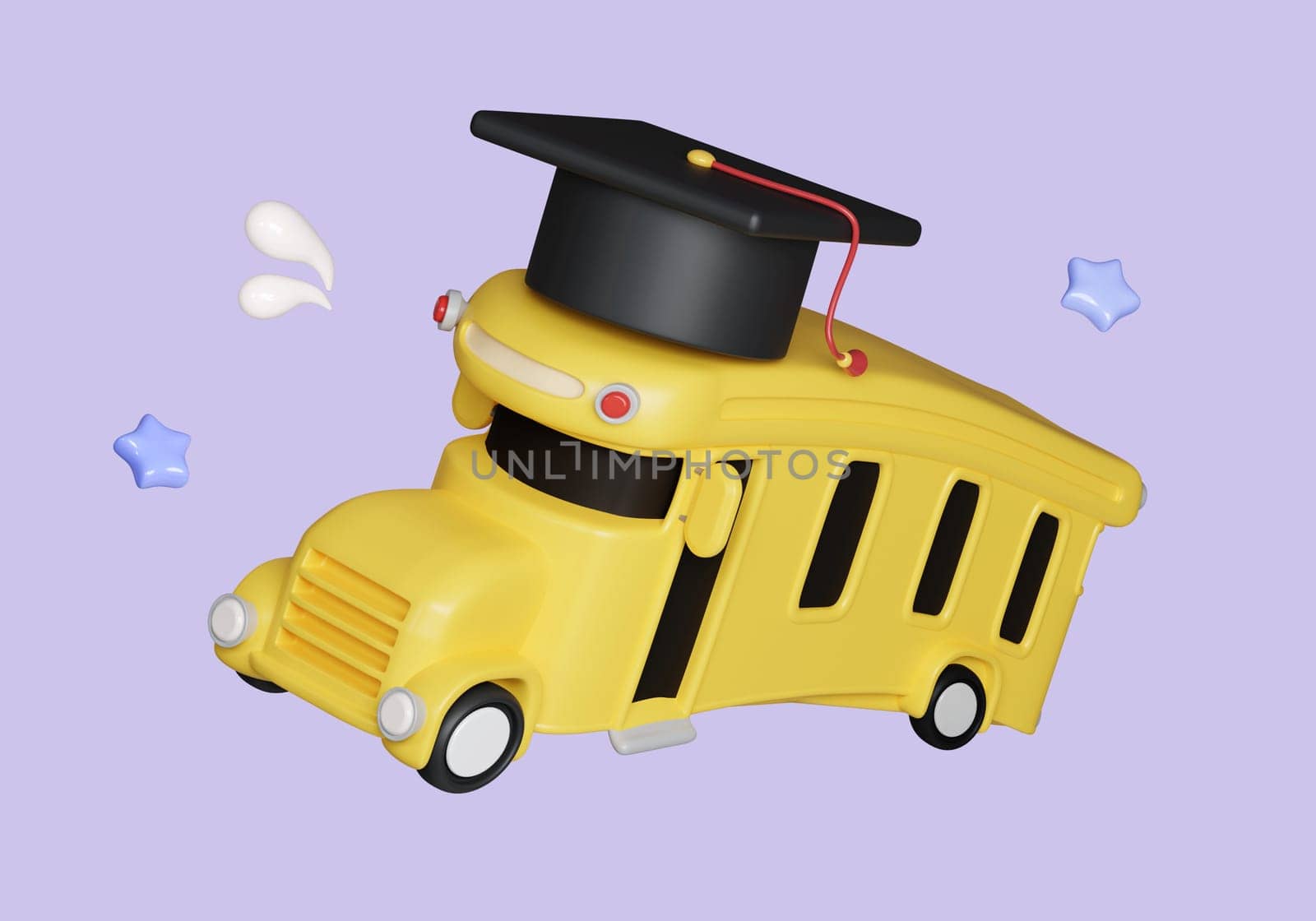 3D render school bus and graduate hat icon isolated on pastel background. icon symbol clipping path. education. 3d render illustration.