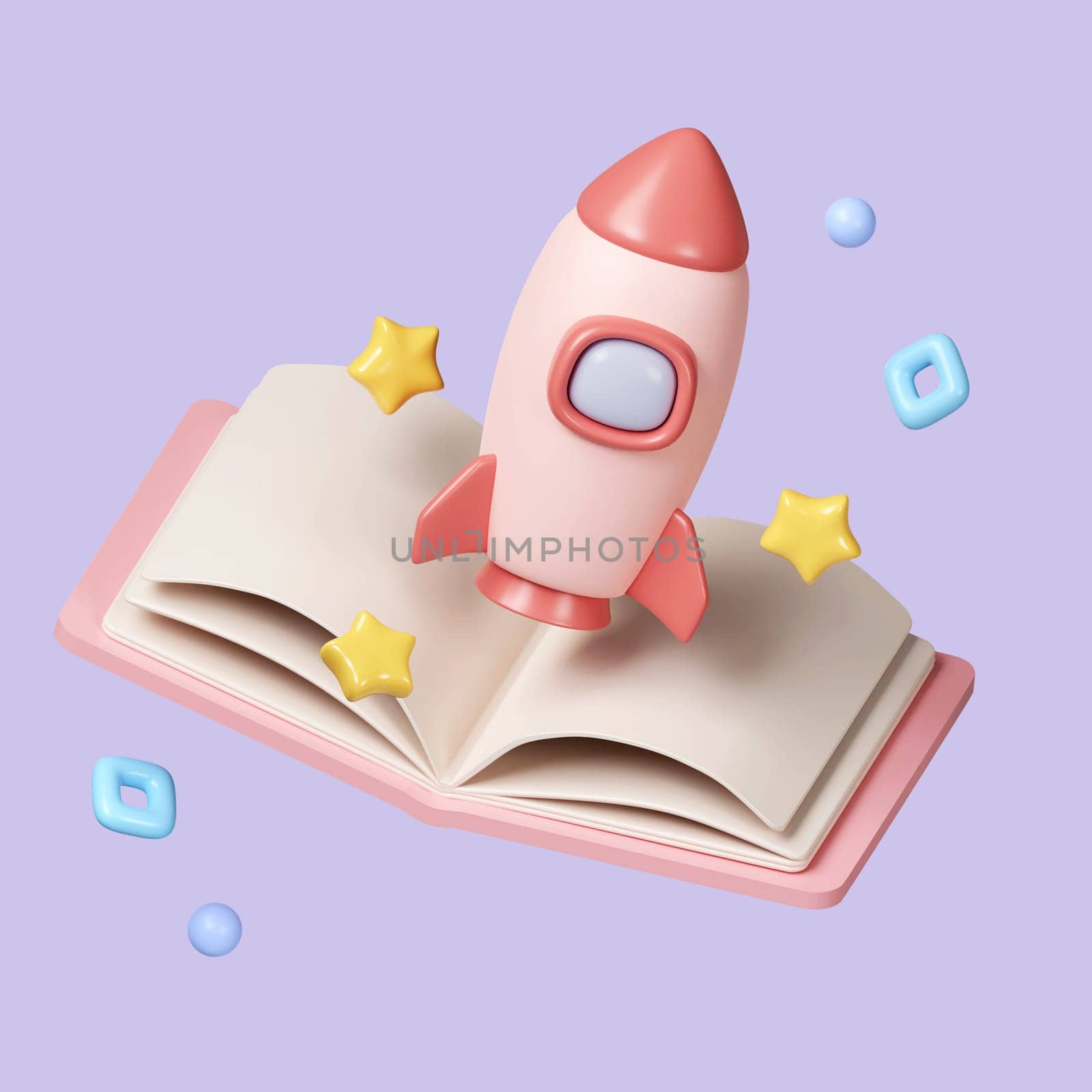 3D Rocket launch on top of a book background, Spaceship icon, education, and back to school concept. isolated on pastel background. icon symbol clipping path. 3d render illustration.