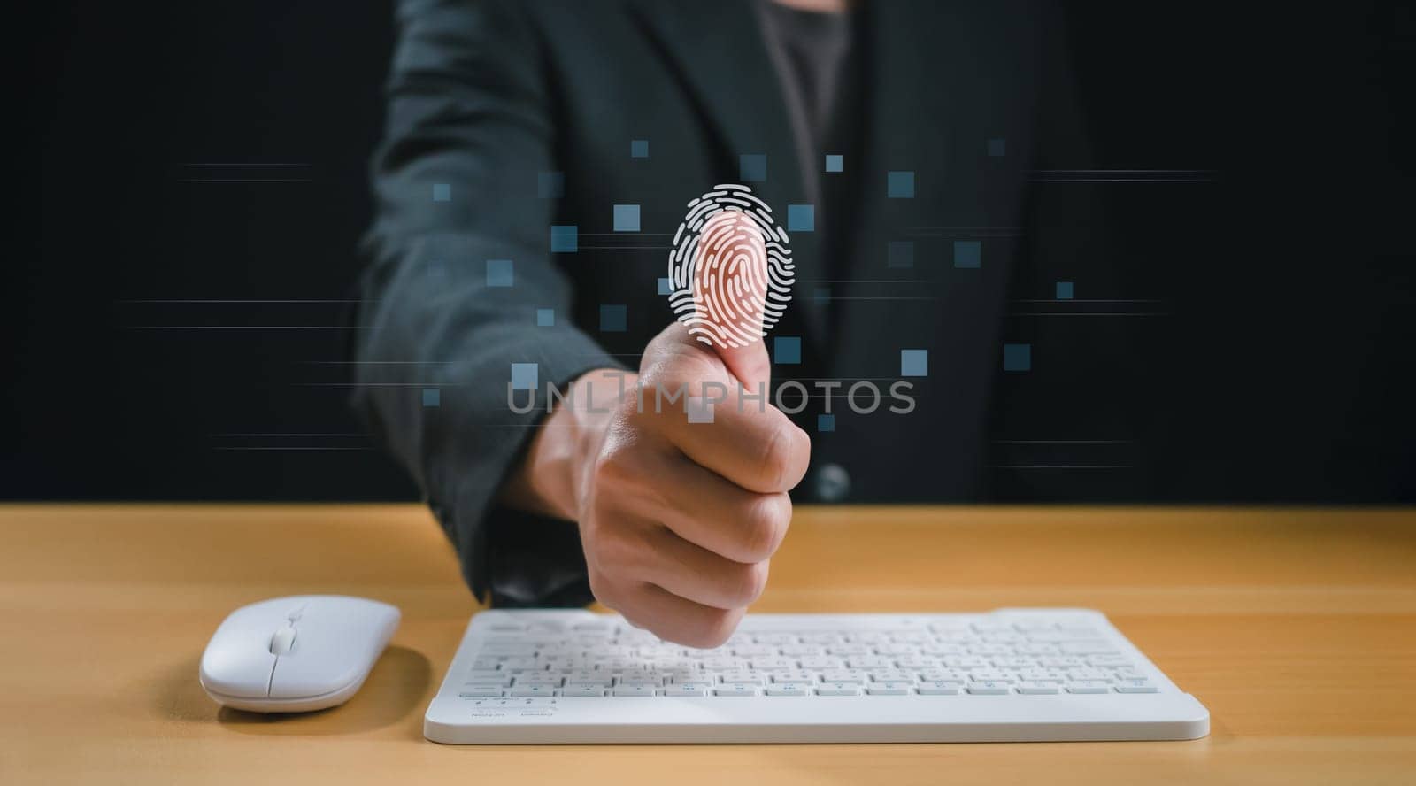 Businessman scan fingerprint biometric identity and approval. Secure access granted by valid fingerprint scan, Business Technology Safety Internet Network Concept, Business Technology Safety Internet Network Concept.