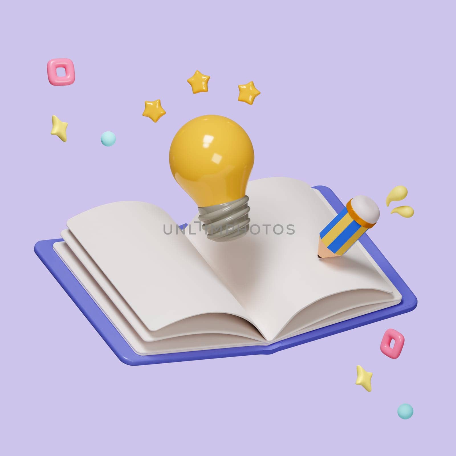 Yellow light bulb floating above of books open isolated on pastel background, icon symbol clipping path. education, intelligence or idea concept. 3d render illustration by meepiangraphic