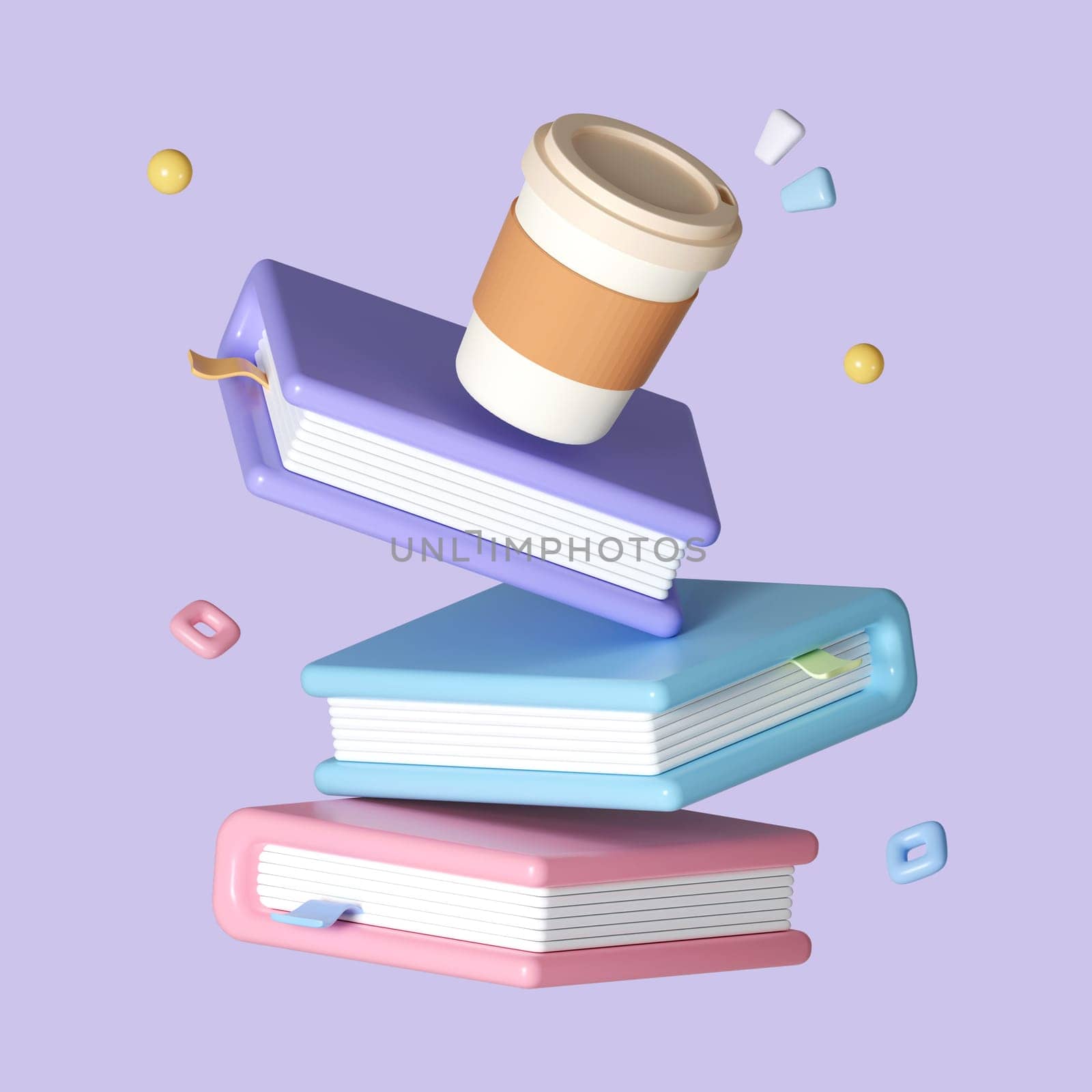 Cup of coffee on books stack isolated on pastel background. icon symbol clipping path. education. 3d render illustration.