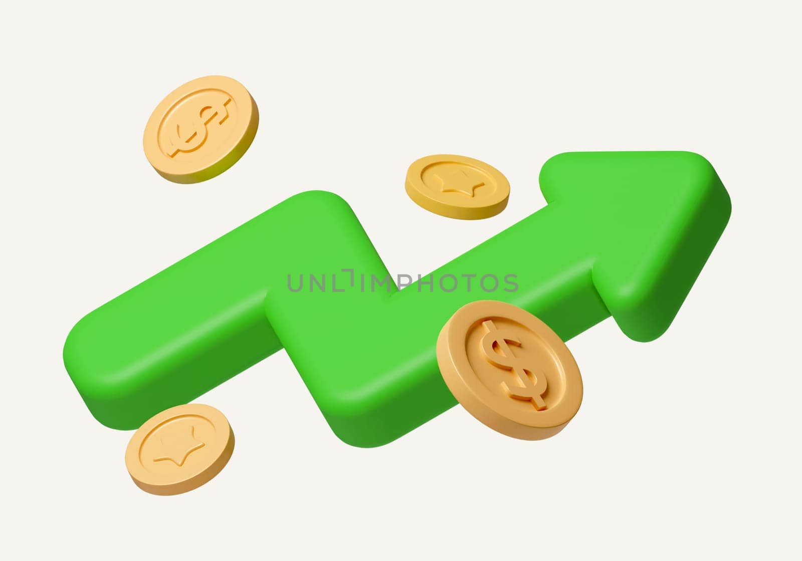 Green up arrow and coin flying on white background. Financial success and growth concept. icon isolated on white background. 3d rendering illustration. Clipping path..