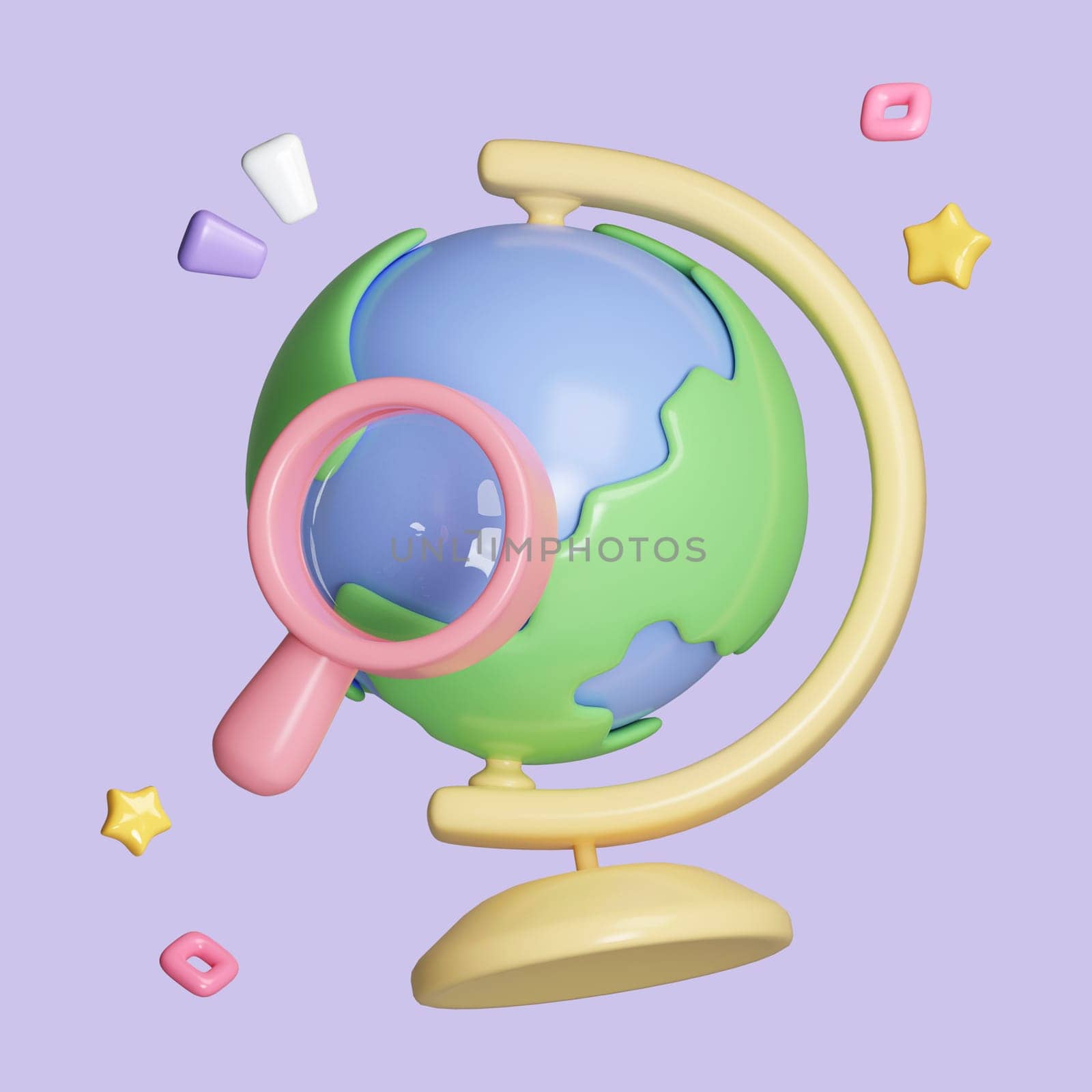 Cartoon Earth globe and magnifying glass searching concept. Planet Earth model with world map on base isolated on pastel background. 3d render illustration by meepiangraphic