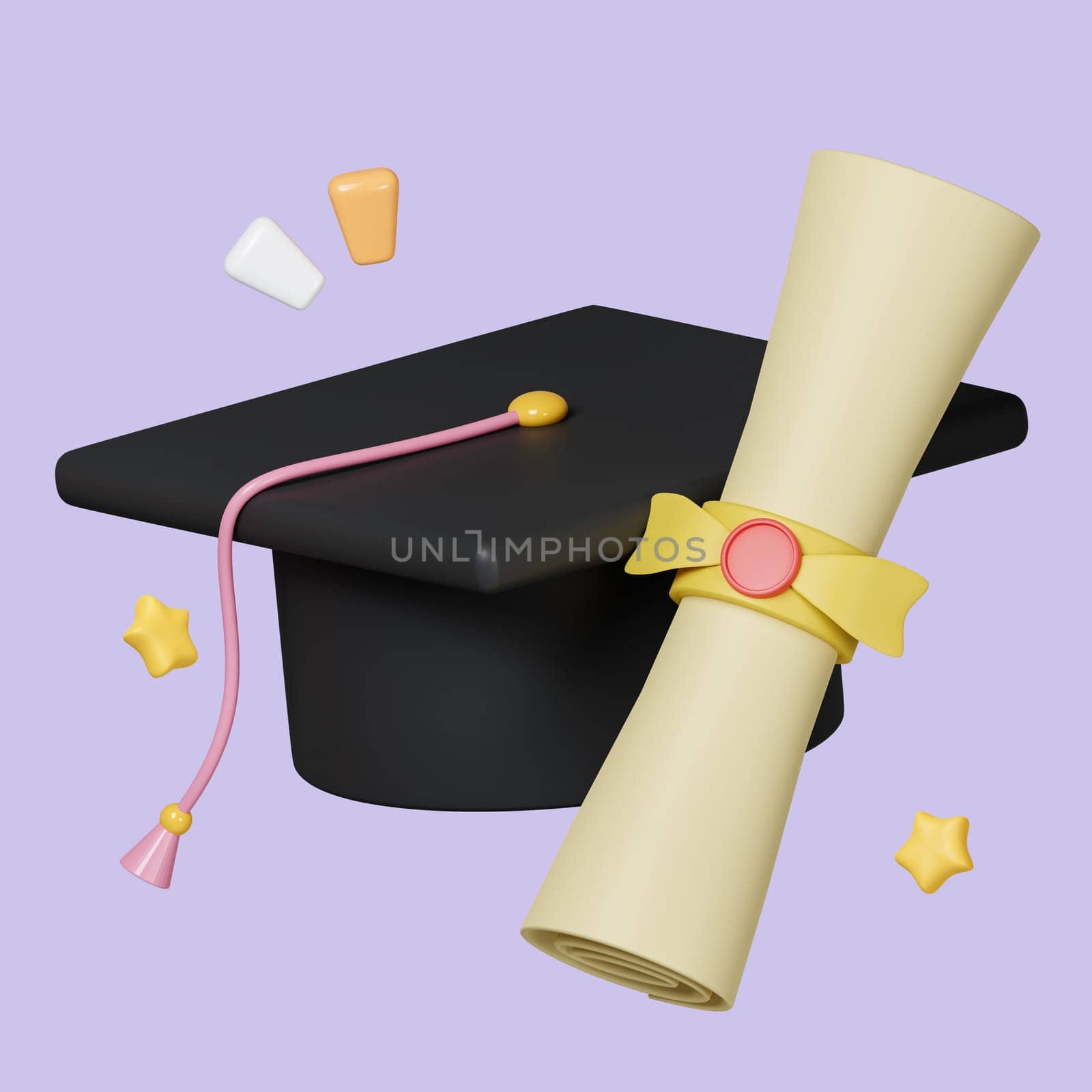 3d simple certificate or diploma icon with yellow stamp and graduate hat isolated on pastel background. icon symbol clipping path. education. 3d render illustration by meepiangraphic