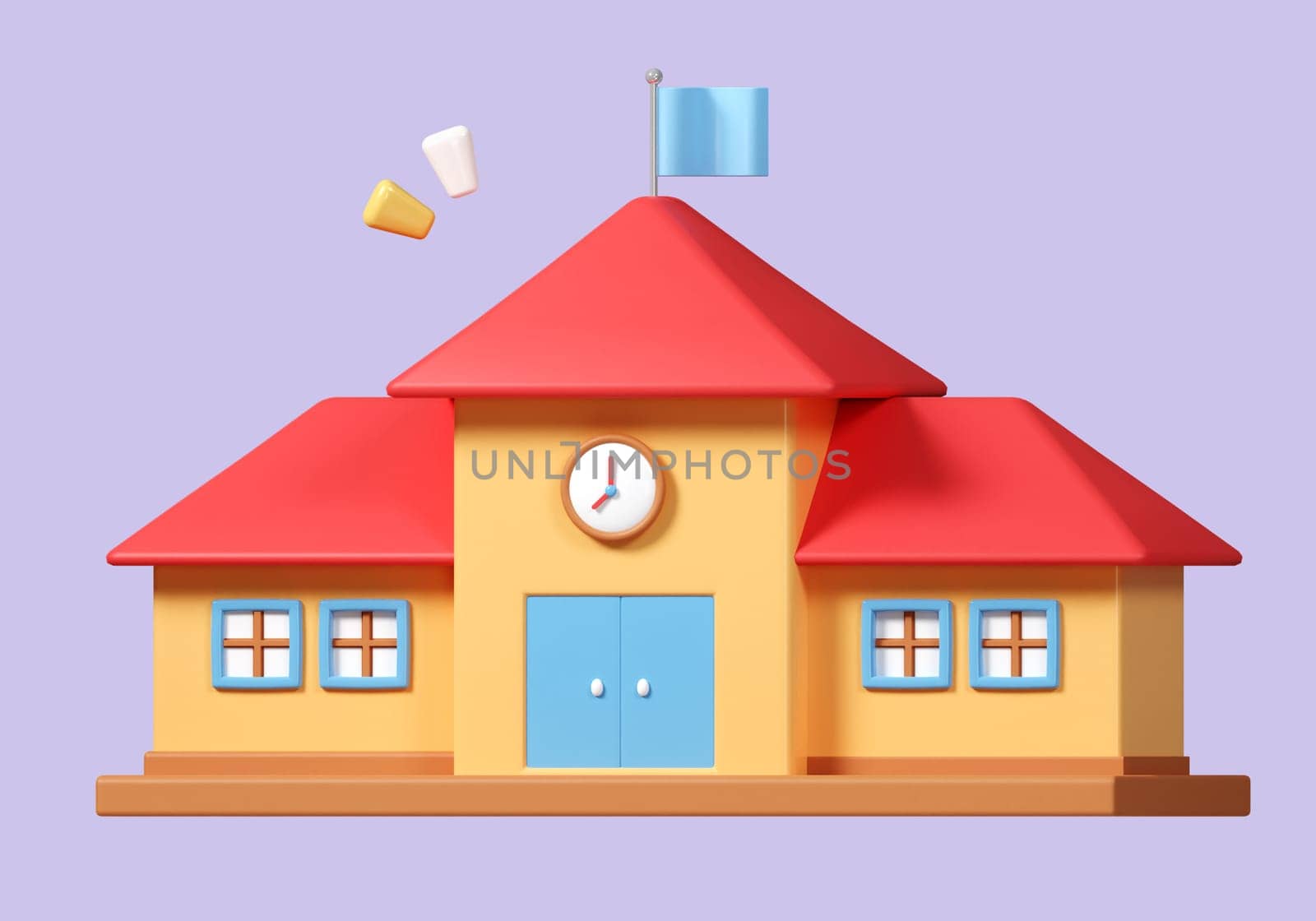 3D cartoon school building isolated. minimal icon. Educational institution front view icon symbol clipping path. education. 3d render illustration.