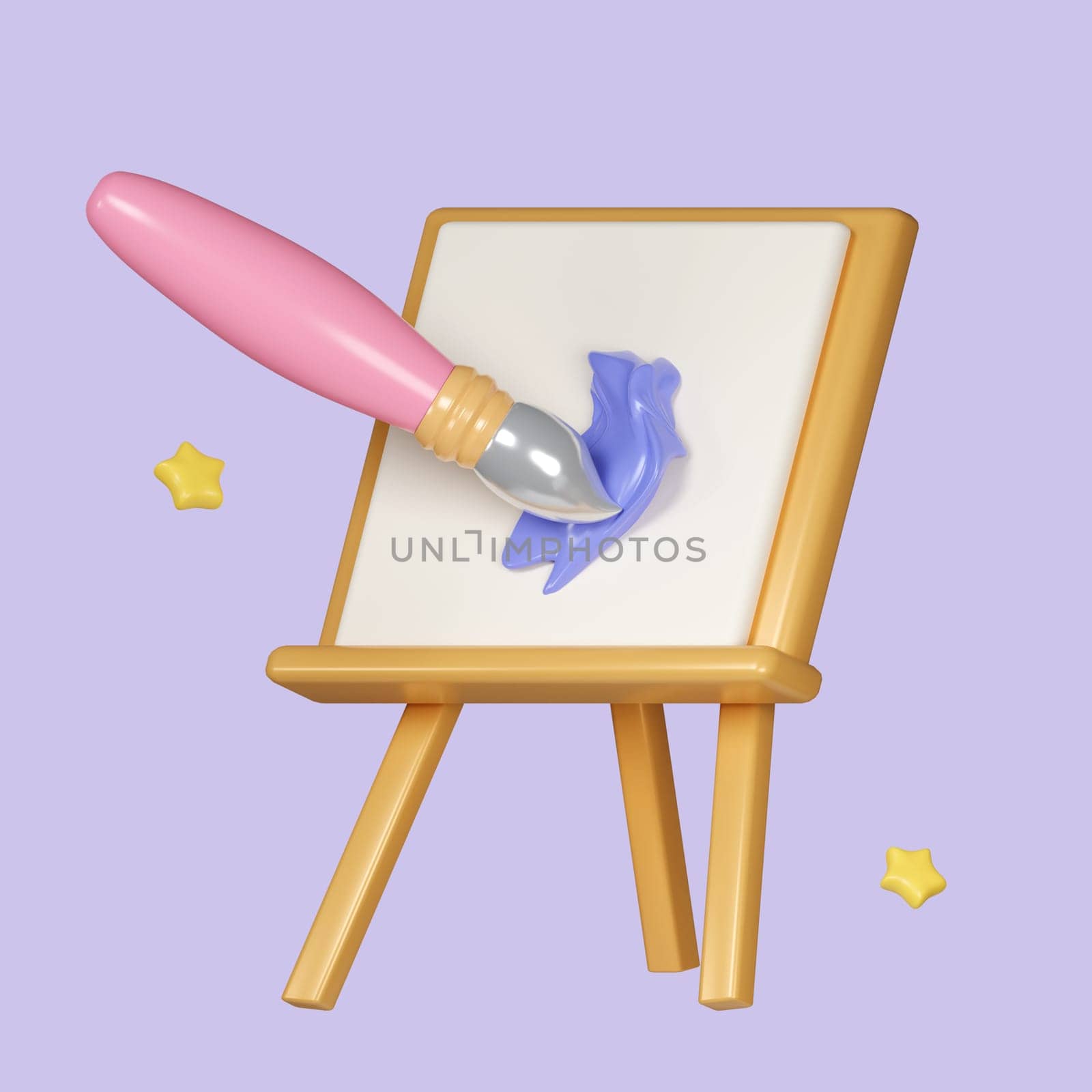 Easel, canvas with drawings and paints, brush. Simple icon for web and app. Modern trendy design. icon isolated on pastel background. icon symbol clipping path. education. 3d render illustration.