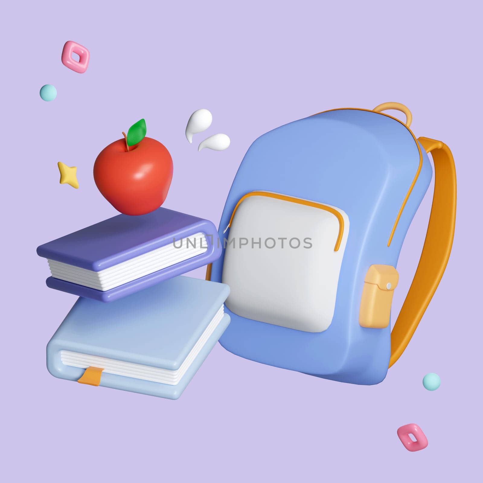 3D Minimal school icon concept, Apple on a stack book and school bag isolated on background, icon symbol clipping path. 3d render illustration.
