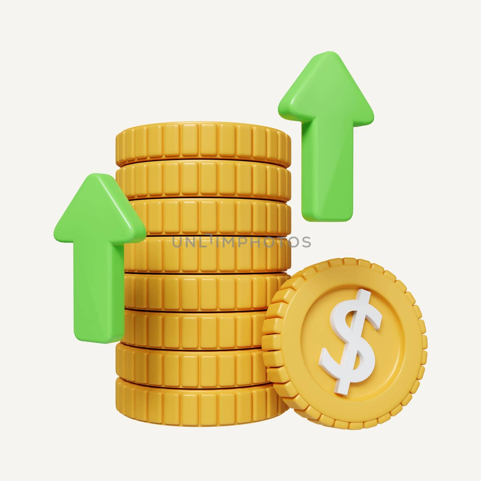 Green up arrow and coin stacks on white background. Financial success and growth concept. icon isolated on white background. 3d rendering illustration. Clipping path..