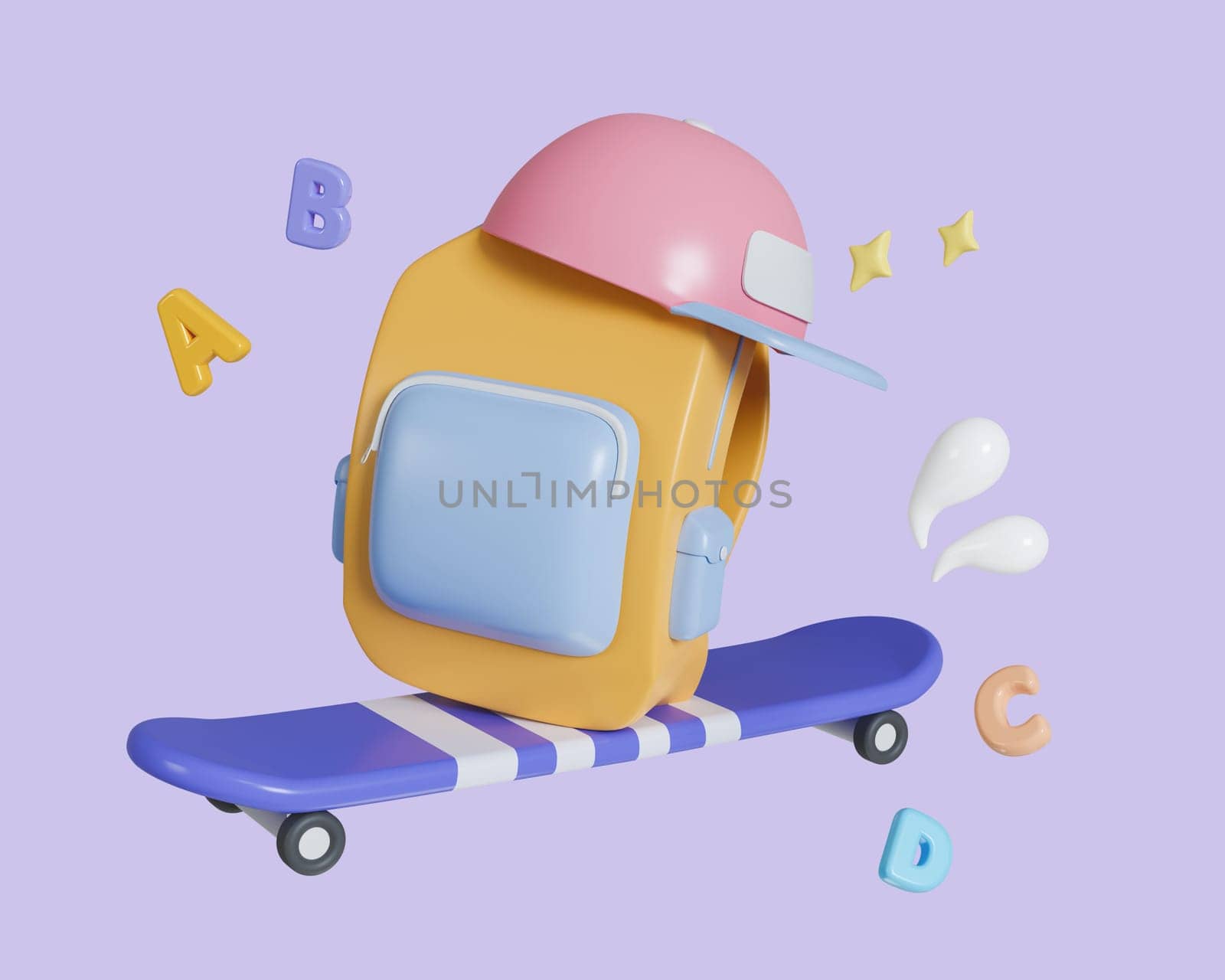 3d skateboard with back to school. School Bag, cap and skateboard isolated on background. icon with clipping path. Education concept. 3d rendering illustration.