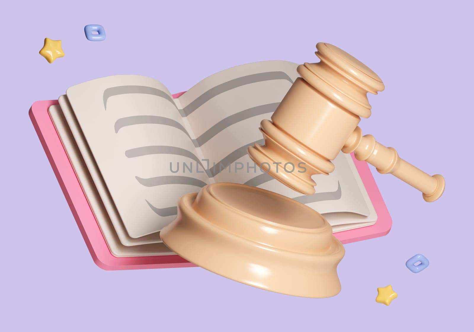 Cartoon minimal book judgement hammer legislation attorney learning education decisions concept on pastel background, advisor, gavel, Judge arbitrate courthouse. 3d render illustration.