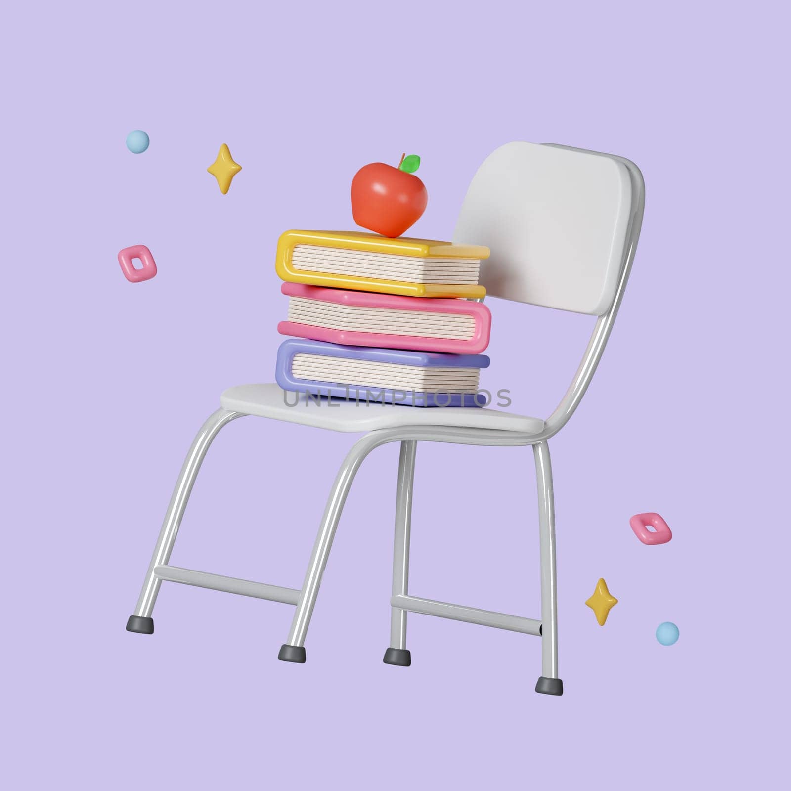 3D Minimal school icon concept, Apple on a stack book on chair isolated on background, icon symbol clipping path. 3d render illustration.