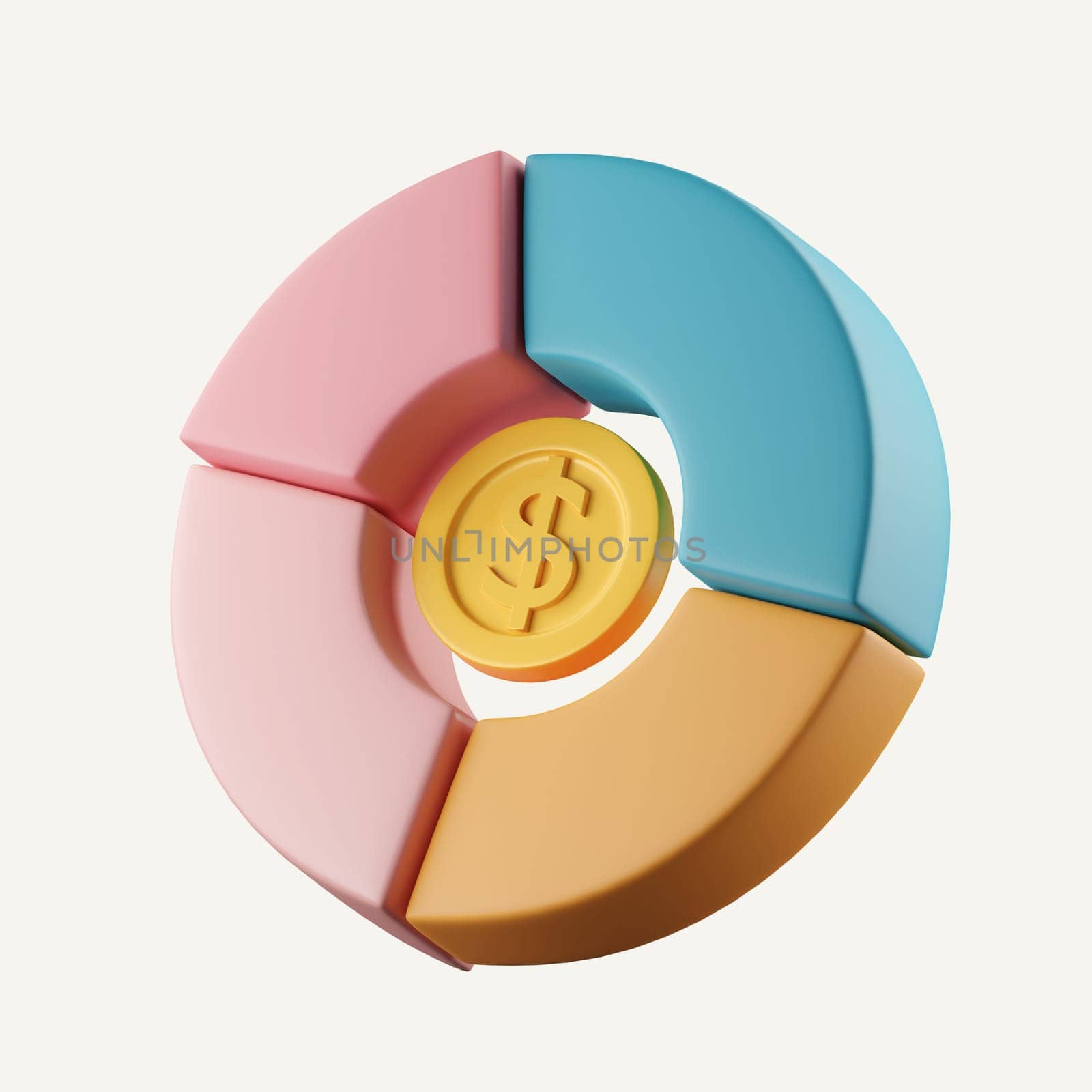 Money gold and pie currency dollar chart icon isolated on white background. 3d rendering illustration. Clipping path..