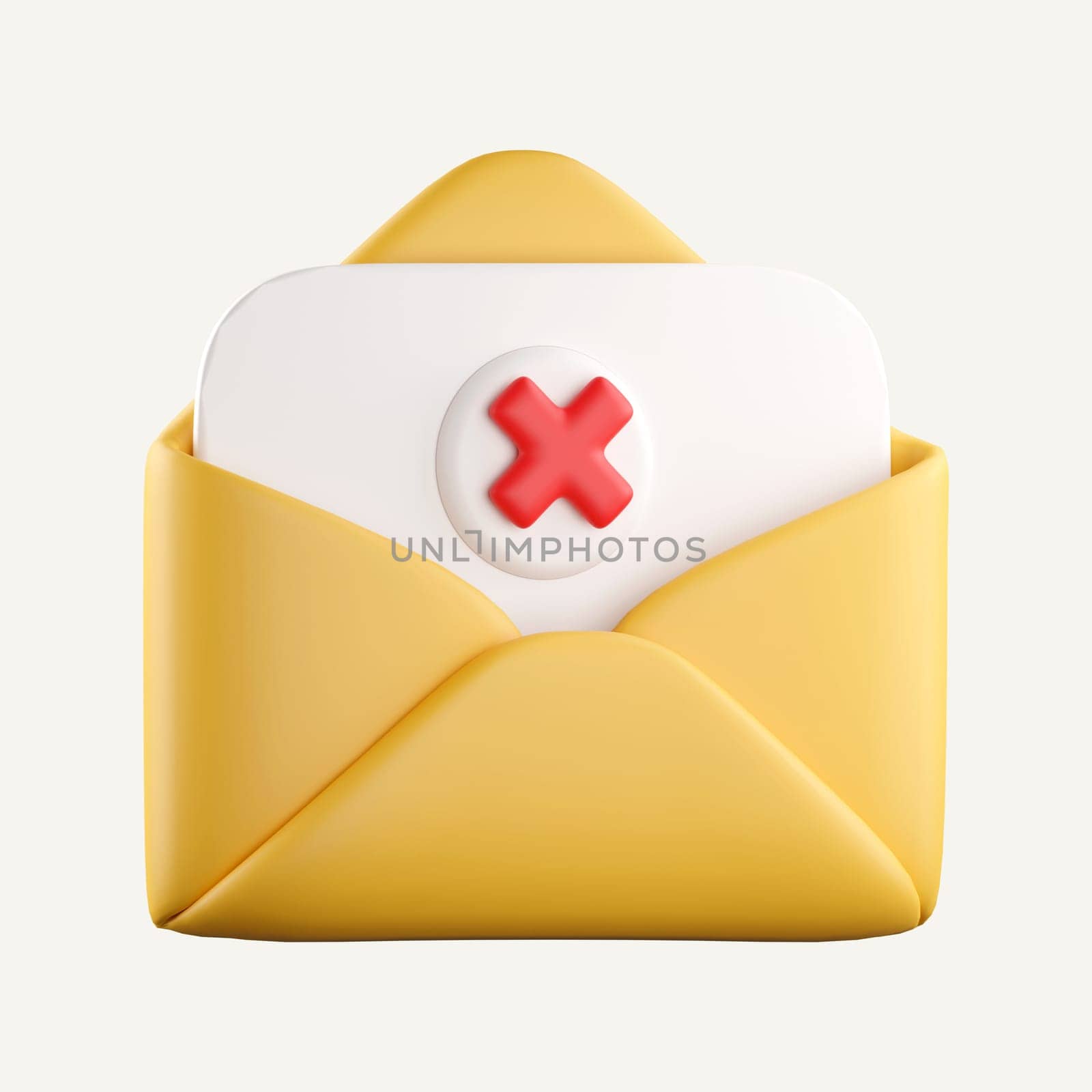 3D Mail sign with red cross x. Email rejected letter, unsubscribe, verification elements for banner template. Isolated on background. 3d rendering illustration. Clipping path.