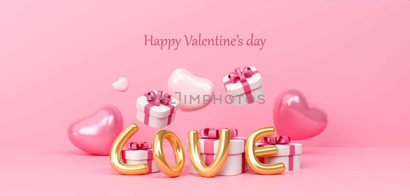 Valentine's day design. Pink gifts boxes and heart balloon shape of decorative festive object. Holiday banner, web poster, flyer, stylish brochure, greeting card, cover. Romantic background. 3D rendering illustration.