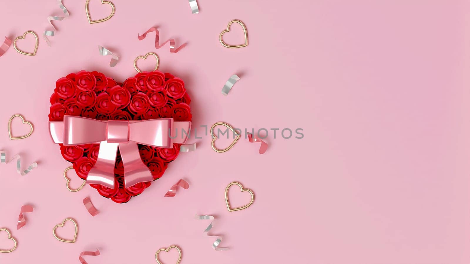 3D background Valentine's day red rose with a love heart. copy space. Romantic wedding greeting card. Women's, Mother's day. 3D render illustration.