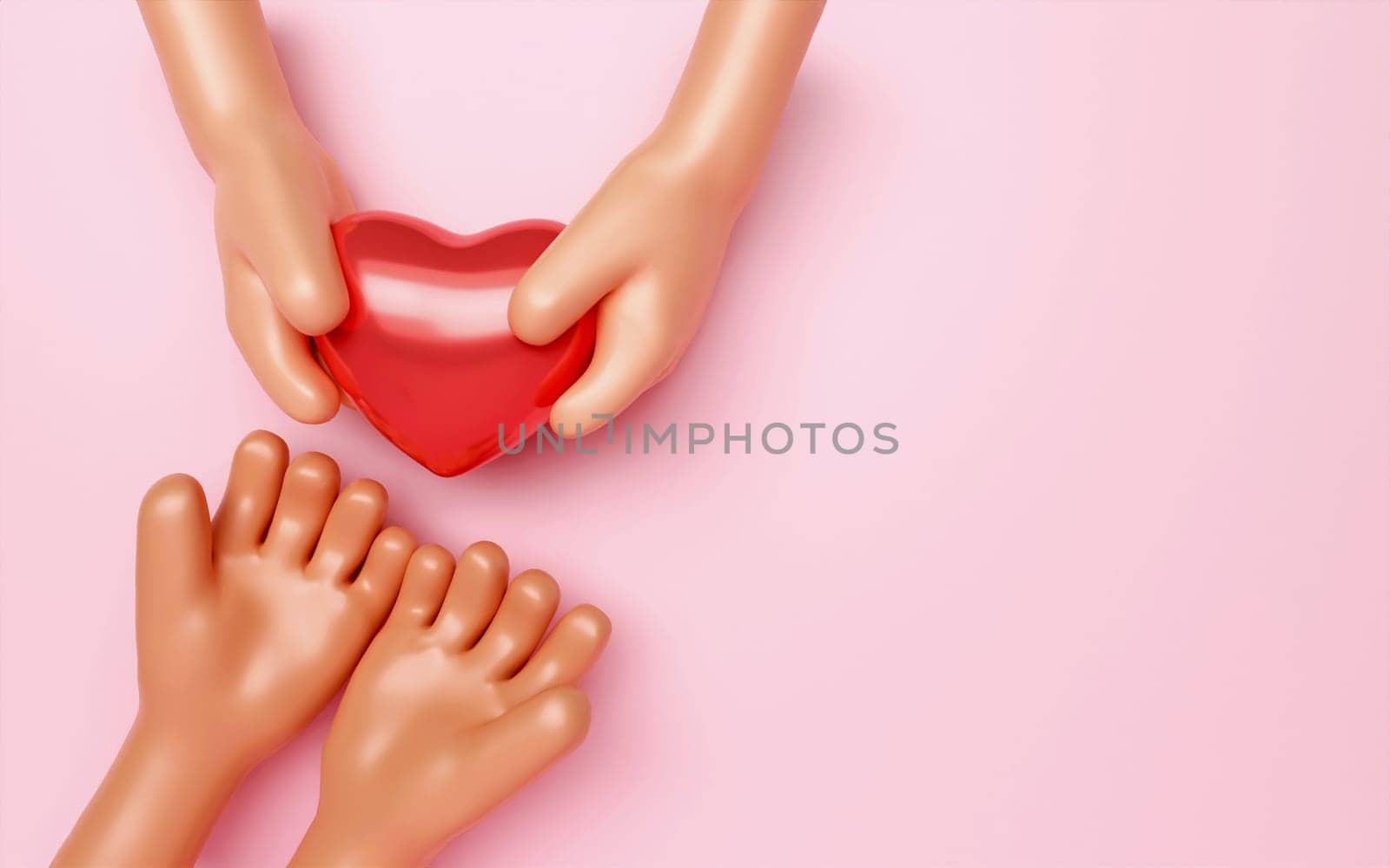 Red heart in hand. cartoon arm holding gesture. hand give red heart. Realistic illustration of donation love or charity for appreciation social media on pink background. 3d rendering illustration.