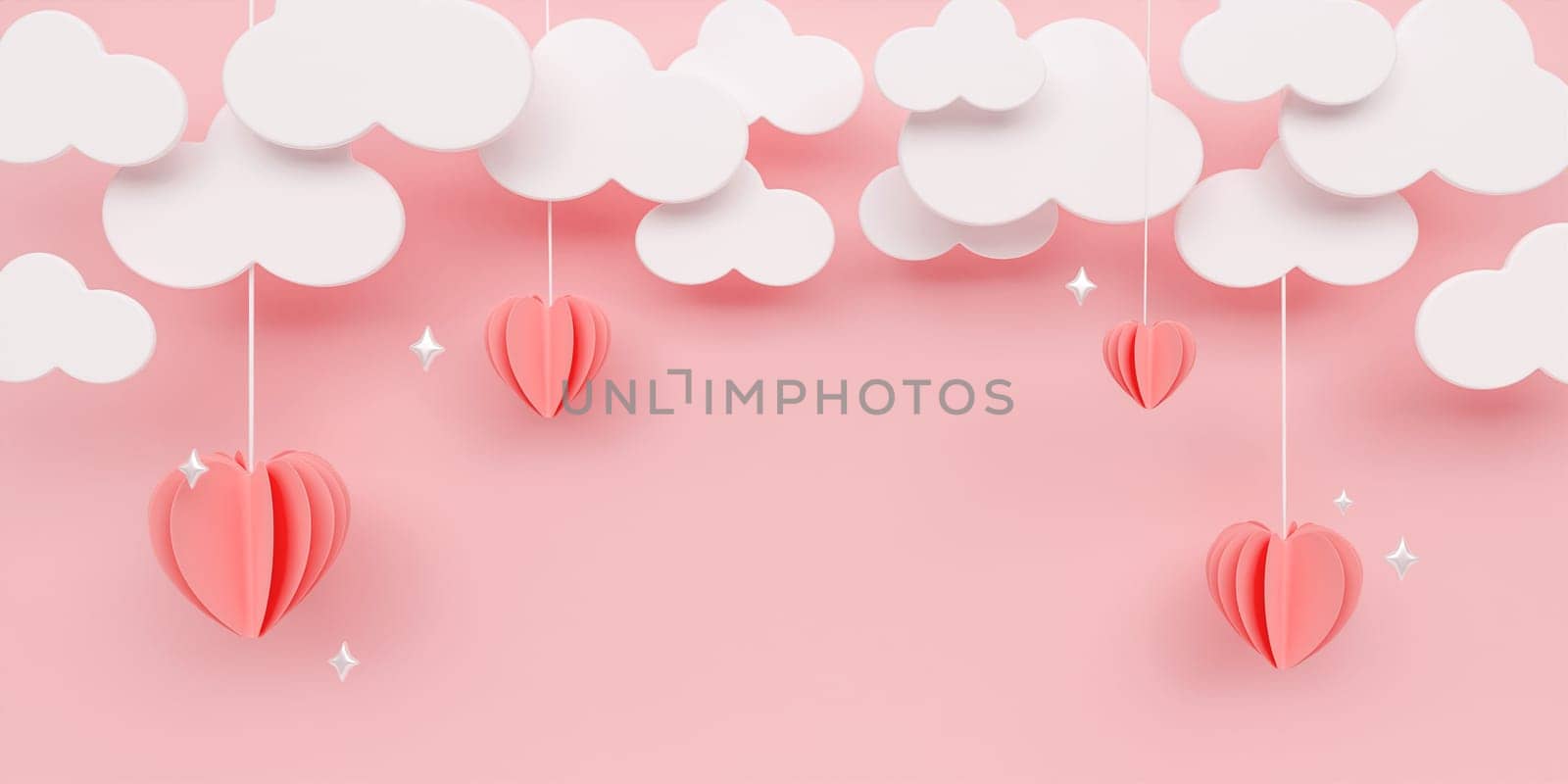 Poster or banner with pink pastel sky and paper cut clouds. Copy space for text. Happy Valentine's day sale header or voucher template with hanging hearts. 3D render illustration by meepiangraphic