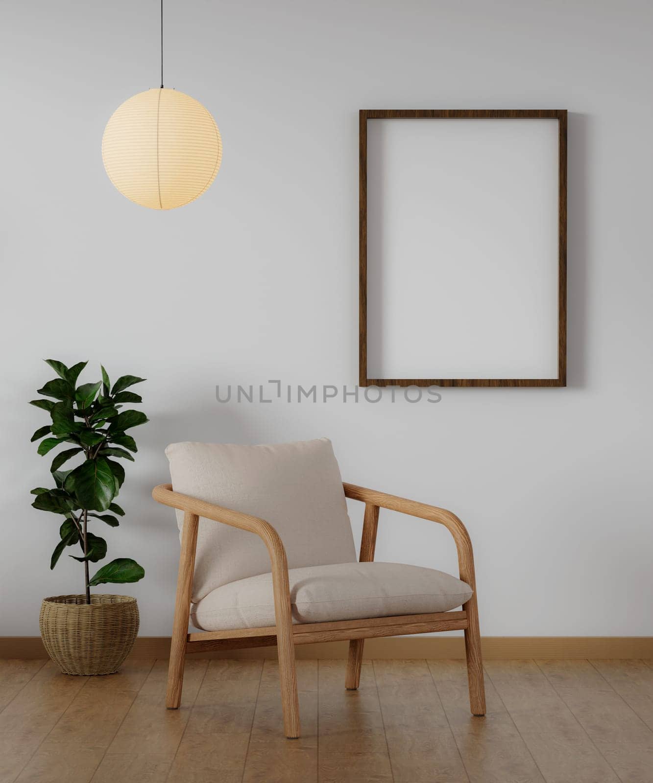 Modern minimalist interior with an armchair on empty white wall background and Blank picture frame mockup on white wall. 3d rendering illustration.