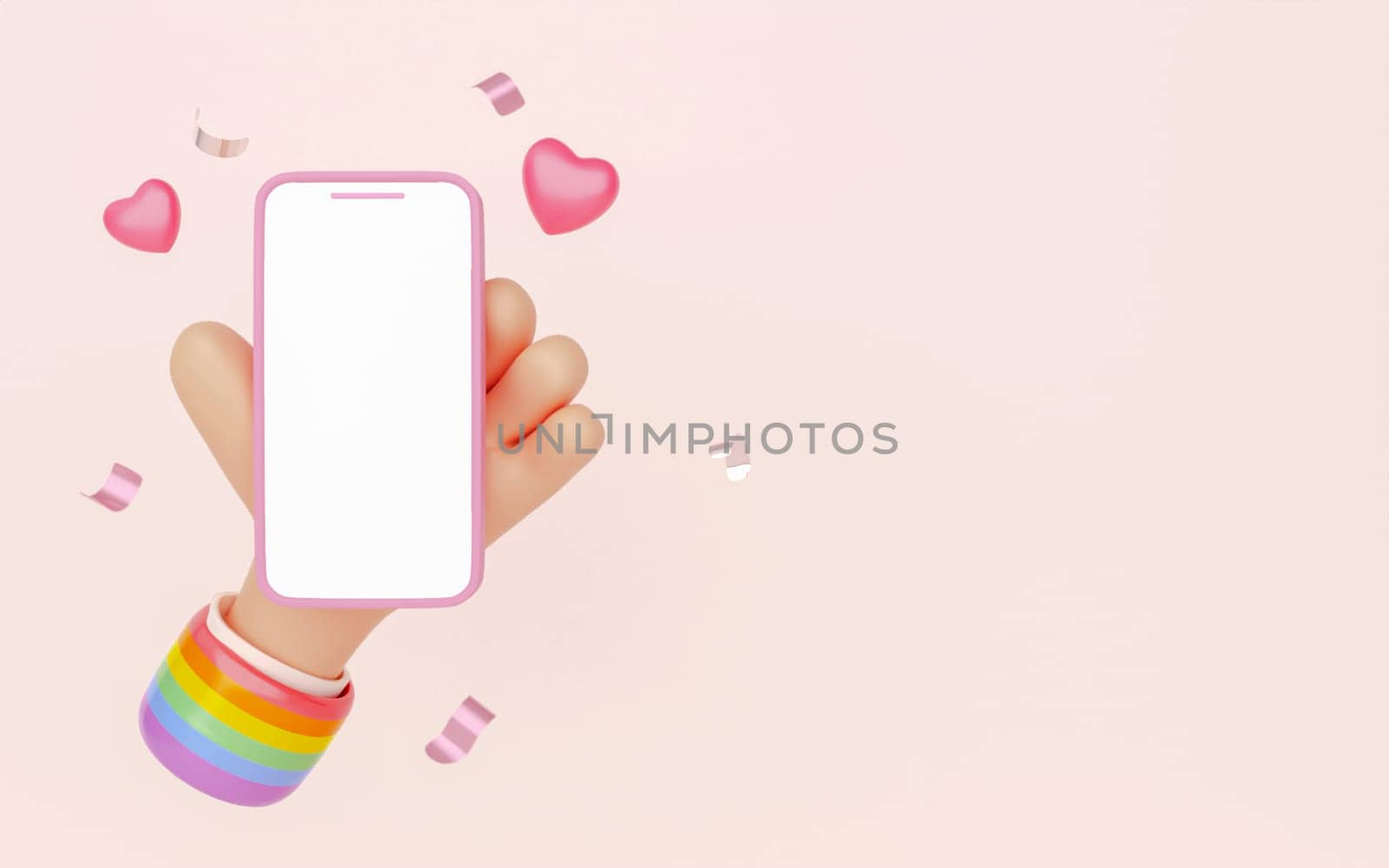 3D Hand holding mobile phone with empty screen. Cartoon smartphone on pink background with copy space. Phone device Mockup. Marketing time banner template. 3D Rendering Illustration. LGBT Pride Month.