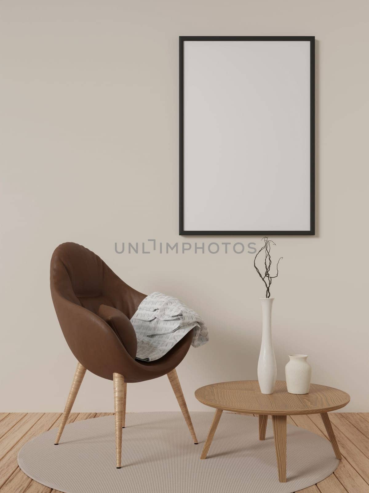 Frame mockup in contemporary minimalist beige room interior. 3d render illustration.