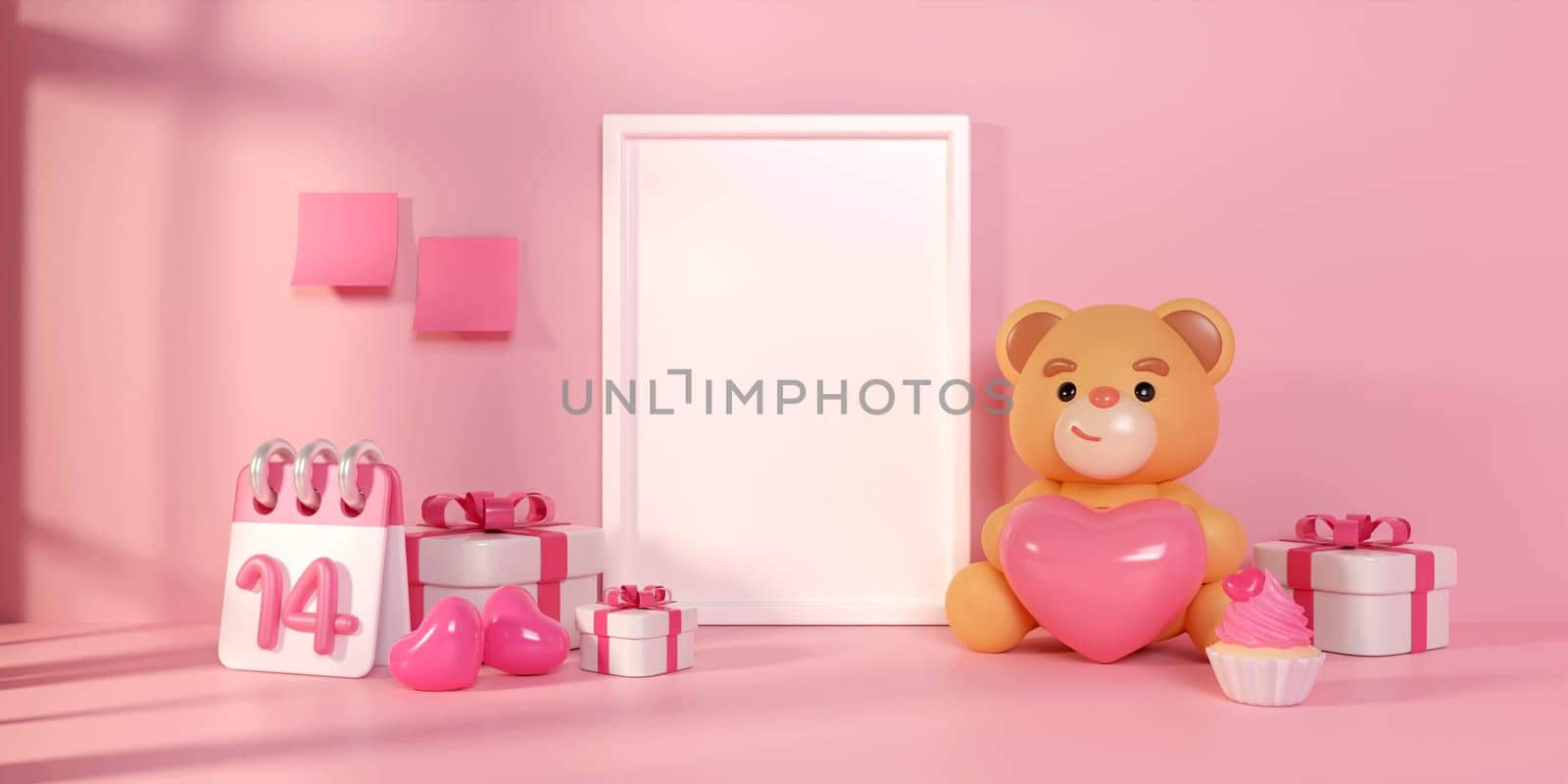 Mock up poster frame in children room with gift box and pink heart, kids room, Valentine's day. blank board for copy space. 3D rendering illustration by meepiangraphic