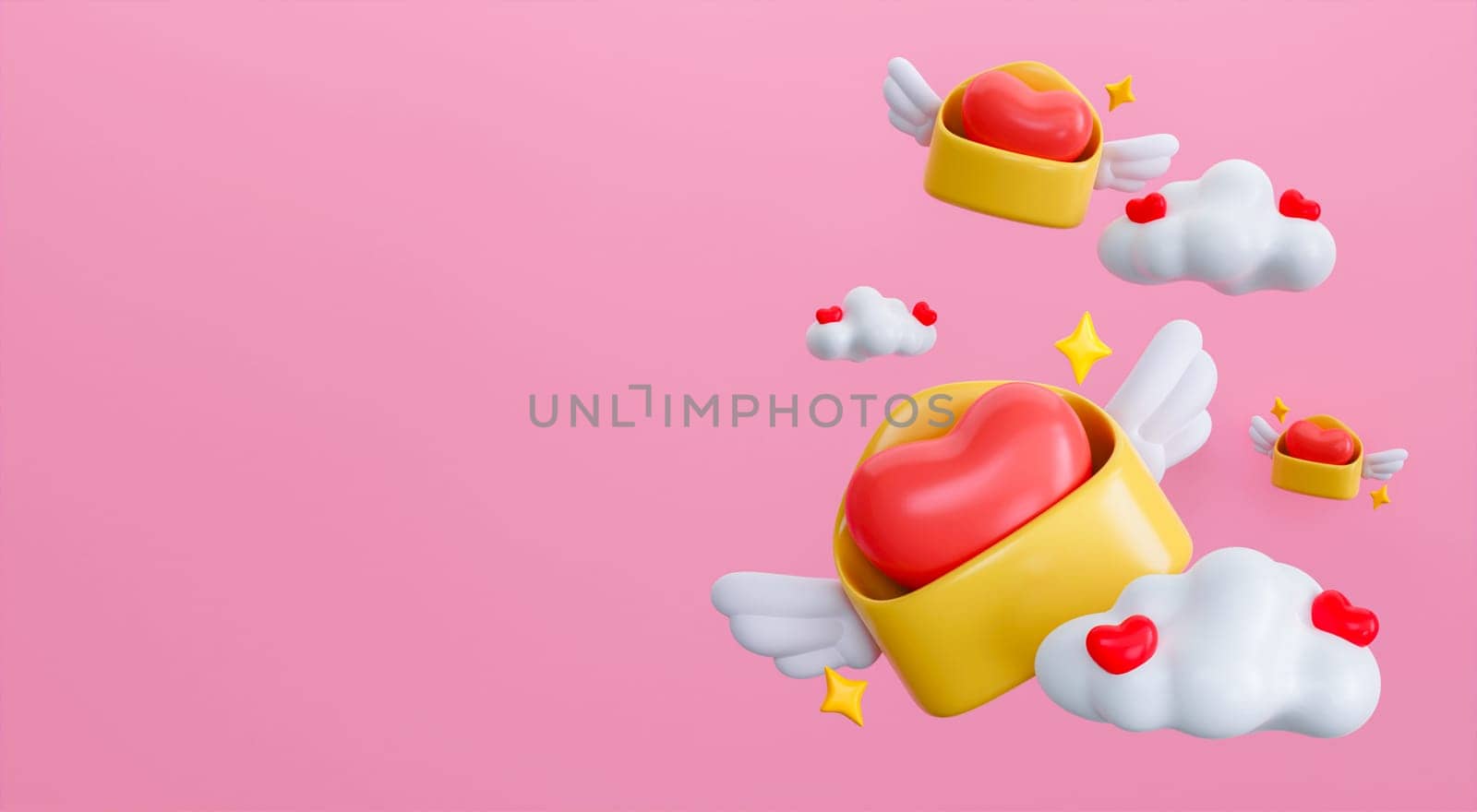 Yellow envelope with wings and red heart. Be my Valentine. Happy Valentine's Day banner copy space for text. 3D rendering illustration.