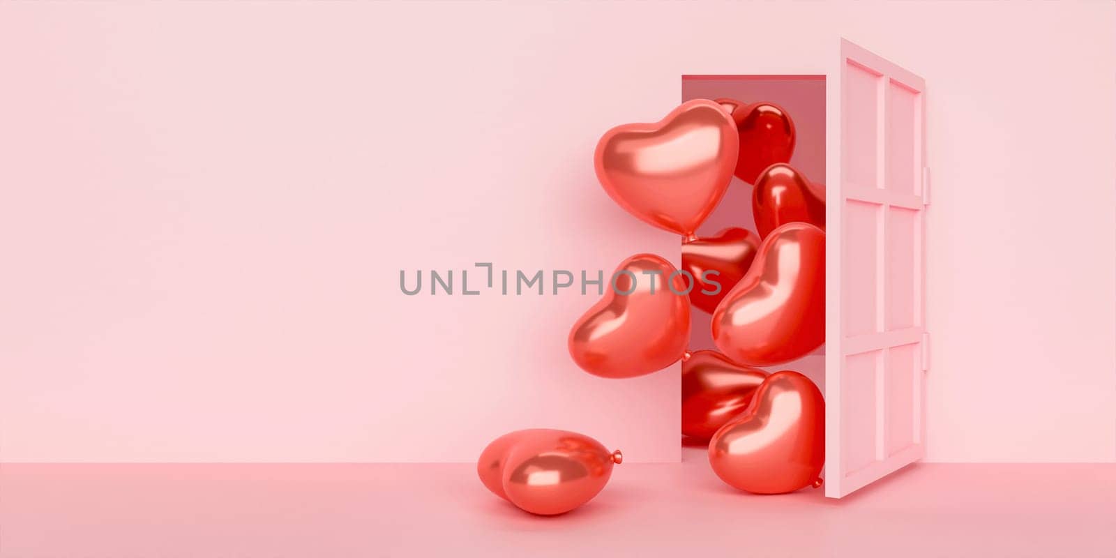 Pink room with open door and red heart shaped balloons entering. concept of valentines arrival, gifts, love, marriage and romantic. 3d rendering illustration.