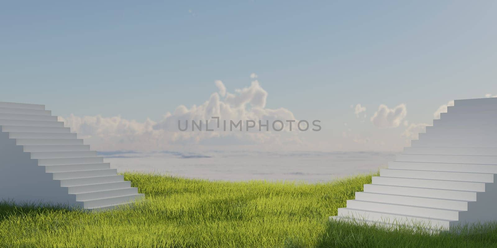 Platform and Natural podium stair backdrop with grass field and sky cloud background for product display. landscape scene background. 3d rendering illustration by meepiangraphic