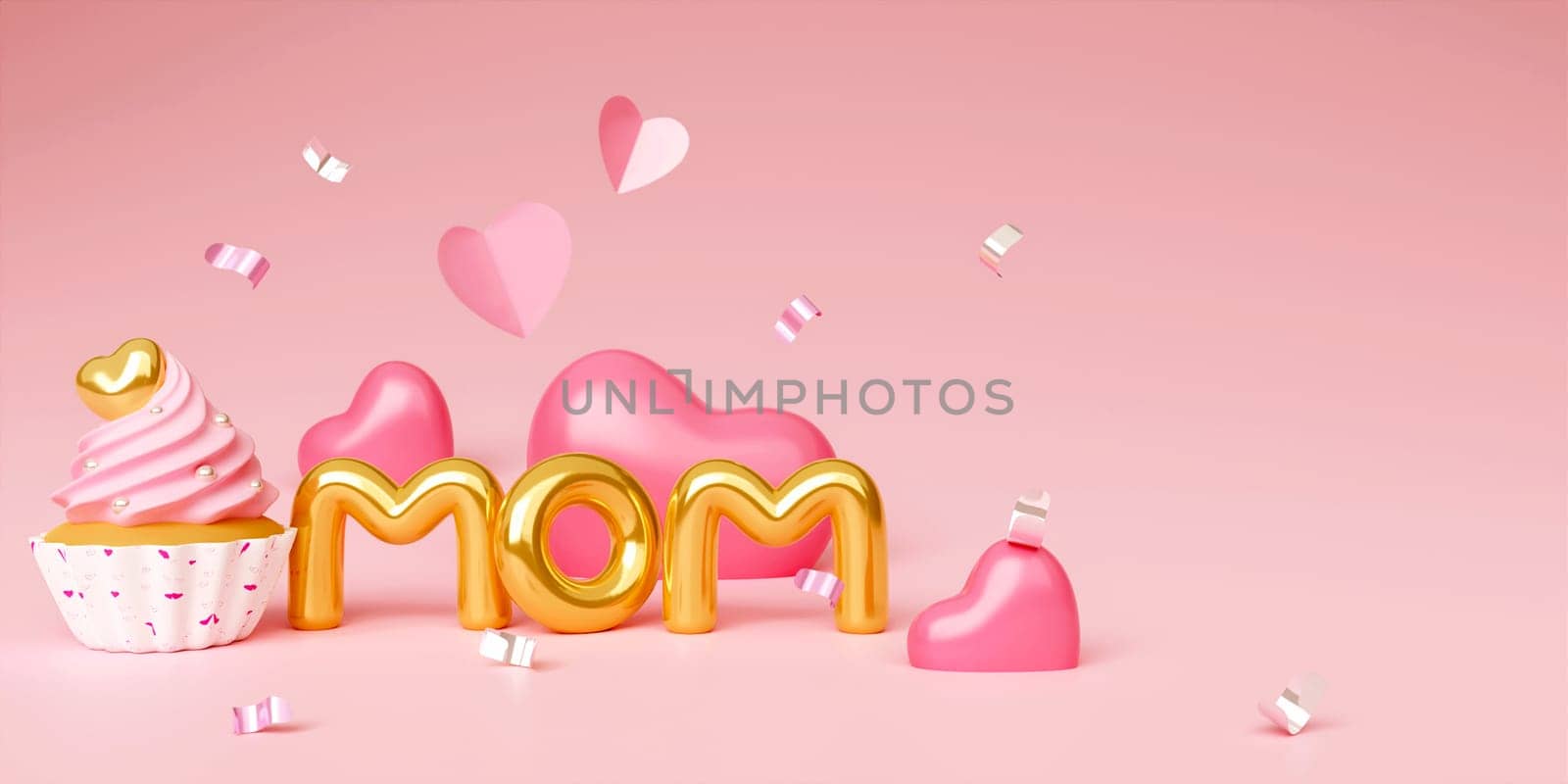 3d minimal pink banner background, suitable for Mother's Day. Mom balloon words with cup cake and heart balloon shape. 3D rendering illustration by meepiangraphic