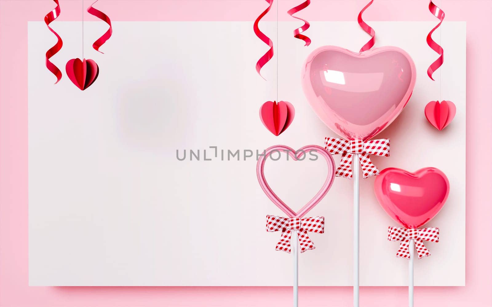 Happy Valentines day background with heart shape balloon, copy space with blank paper, 3D rendering illustration by meepiangraphic