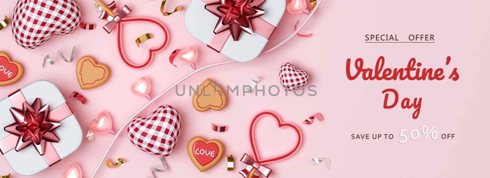 Valentines Day sale with heart shaped balloons, gift box and ball light decor. Holiday illustration banner special discount for valentine and mother day design. 3d Rendering.