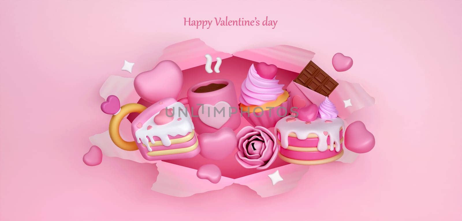 Pink heart, cup cake, chocolate, and rose on background. Valentine Wallpaper with Pink love hearts. 3D rendering illustration.