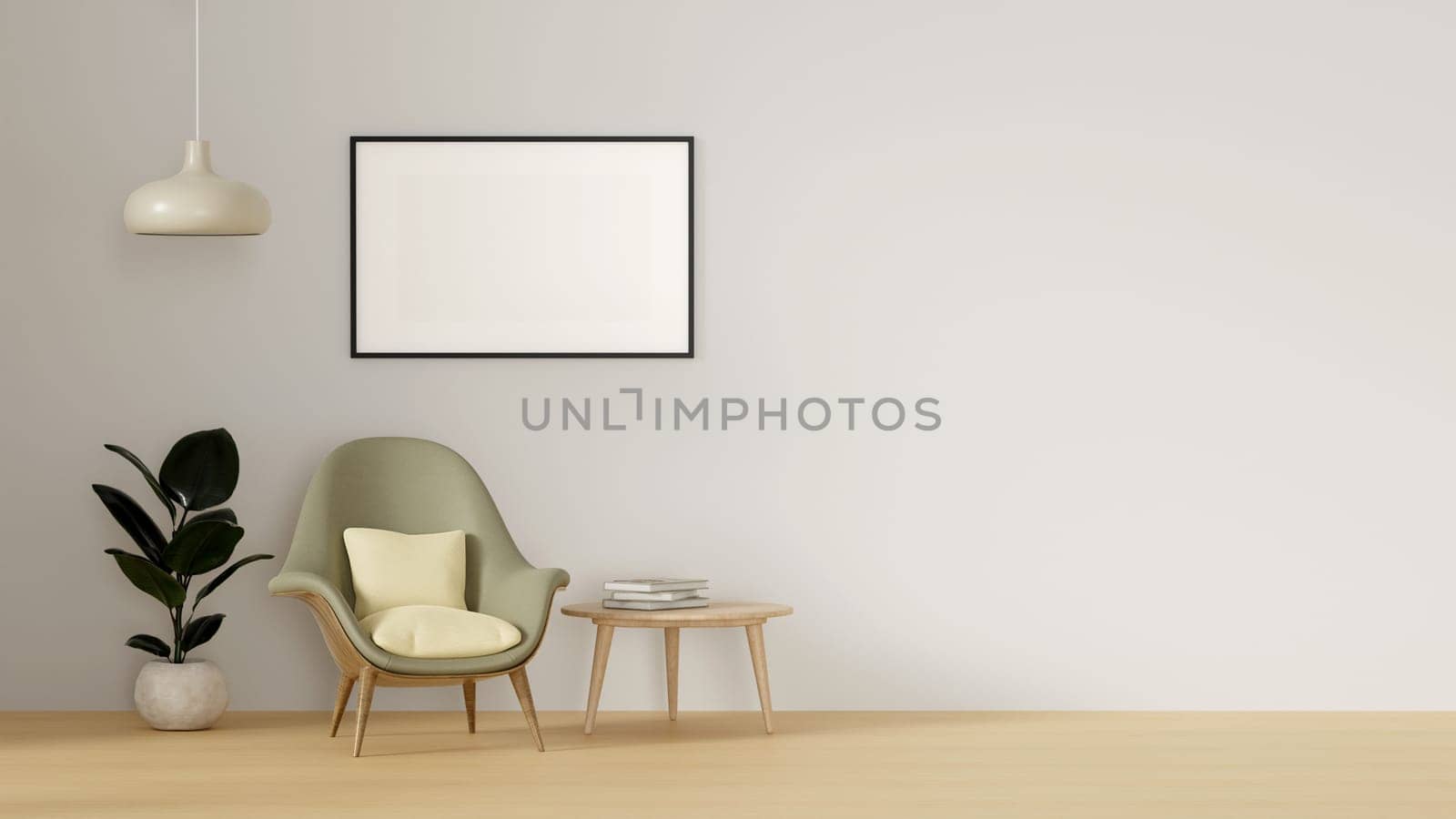 Modern minimalist interior with an armchair on empty white wall background and Blank picture frame mockup on white wall. 3d rendering illustration.