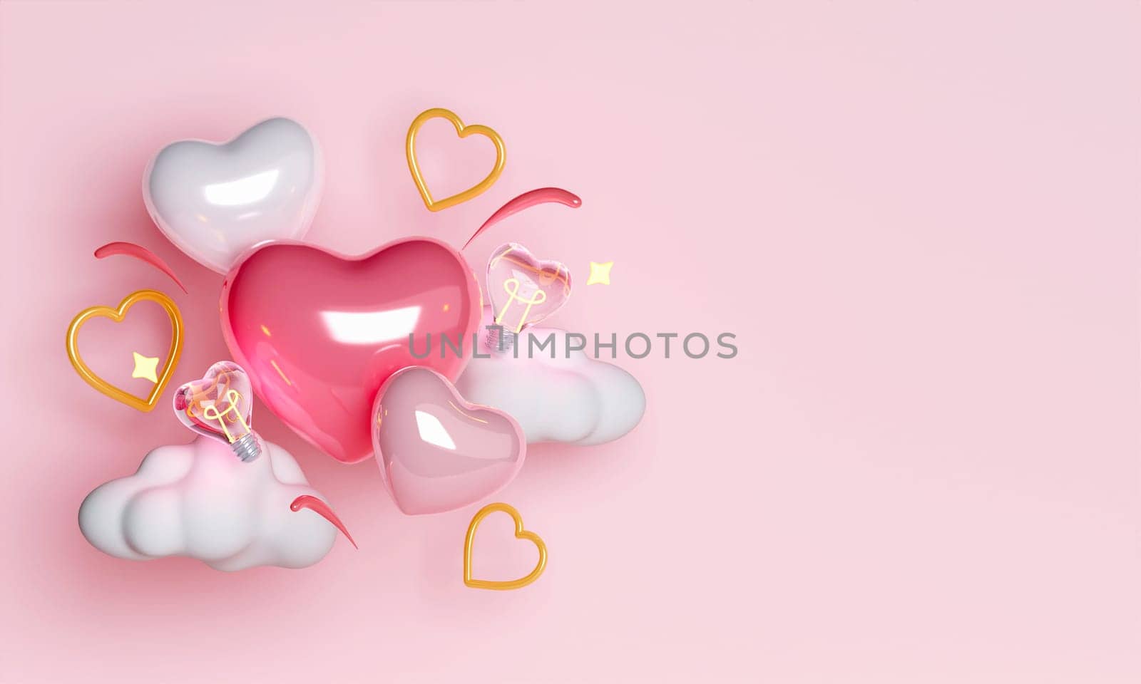 Valentine's day abstract background with 3d heart shape balloons and confetti with copy space. February 14, love. Romantic wedding greeting card. Women's, Mother's day. 3D render illustration.