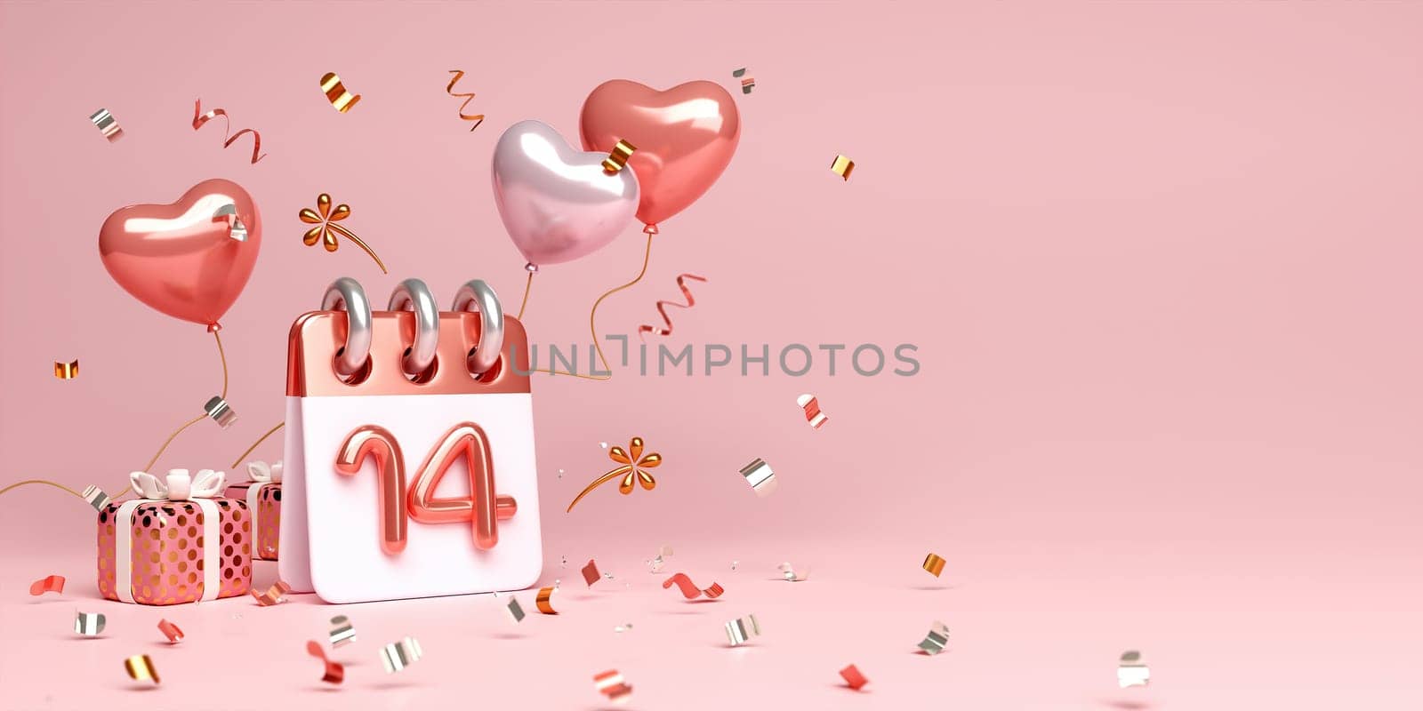 Happy Valentines day background with calendar date 14 February, Rose gold luxury, gift box, glitter, heart shape balloon, copy space text, 3D rendering illustration.