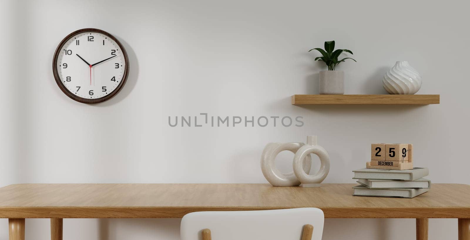Empty modern table, chair with contemporary items, showcasing a minimalistic arrangement that exudes a sense of modernity and style. 3d rendering illustration.