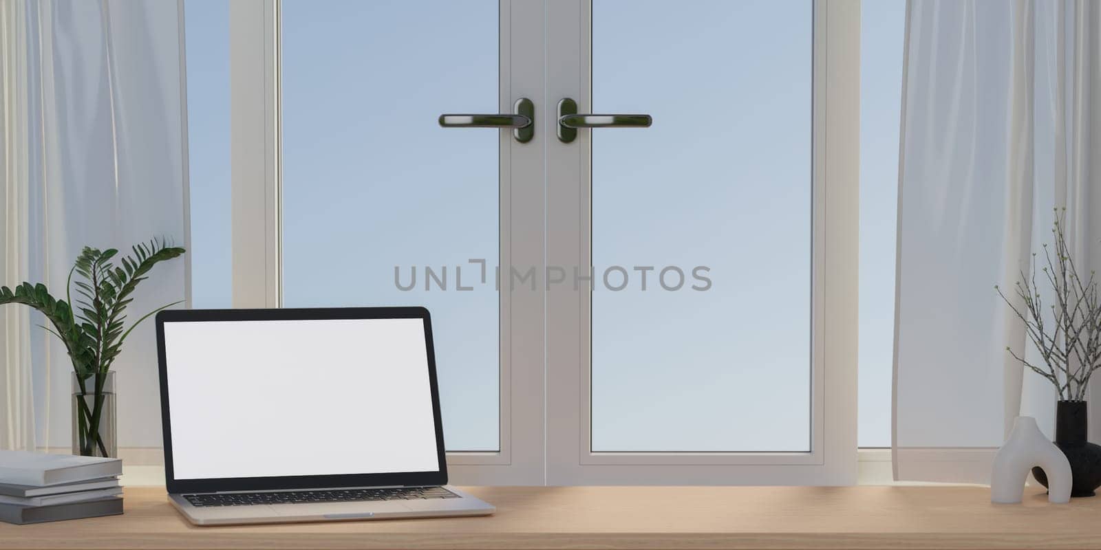 A laptop mockup on the table In the warm office at home with clipping path. 3D Rendering illustration.