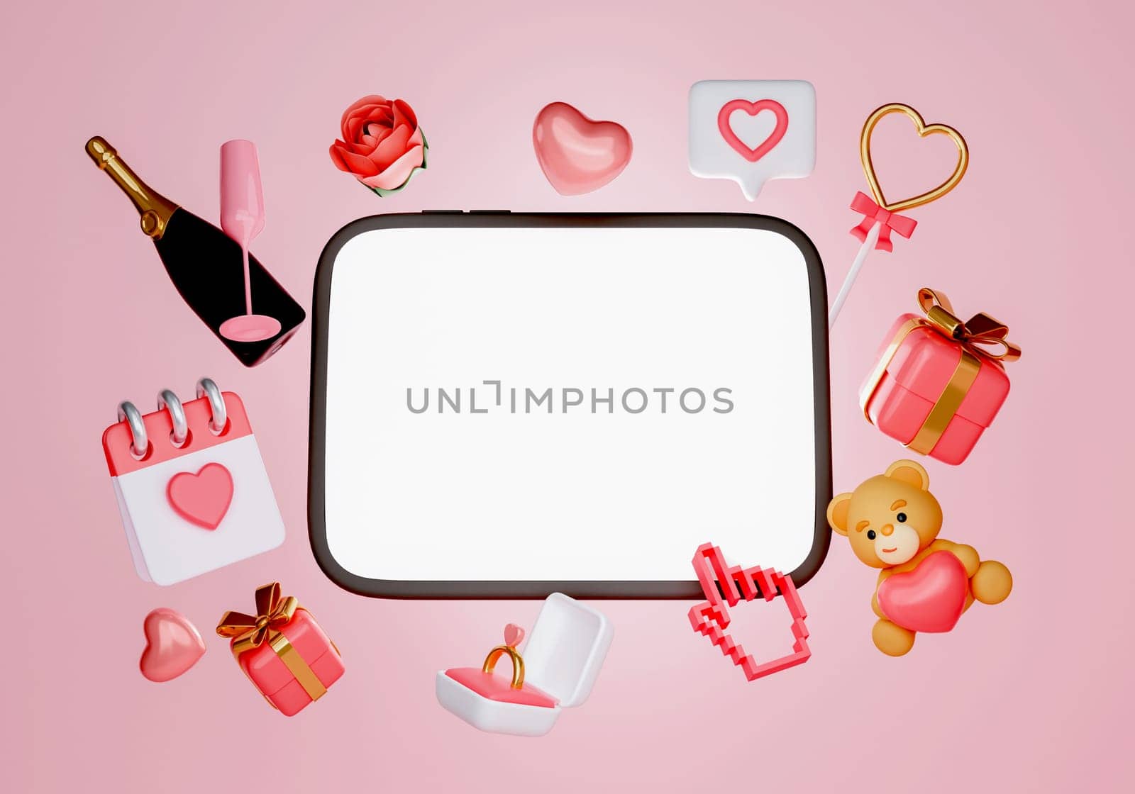 Happy Valentines day background with calendar date 14, gift box, heart shape balloon, digital tablet with copy space blank white on screen, 3D rendering illustration by meepiangraphic