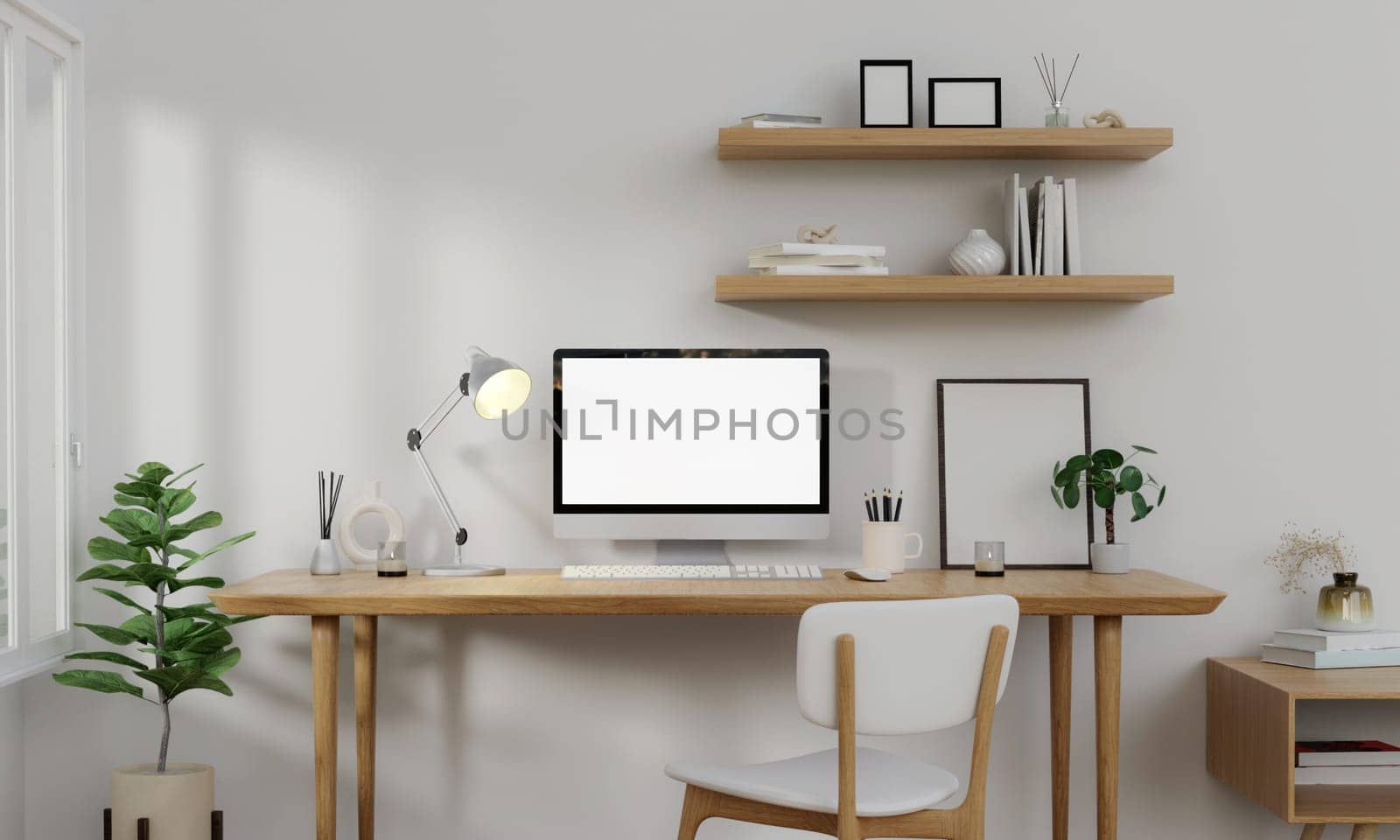 A modern PC computer blank screen mockup is on a table in a modern minimal home office. 3d render illustration.