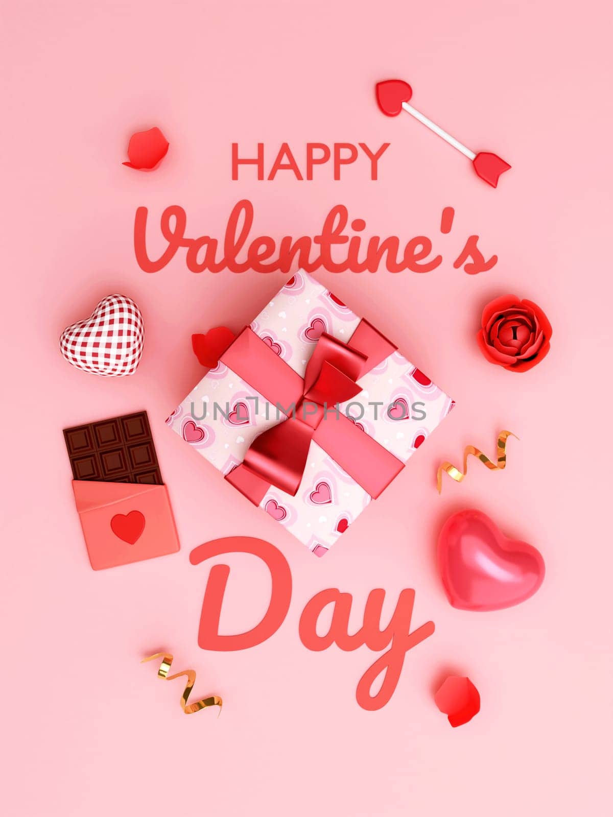 Pink heart, cup cake, chocolate, and rose on background. Valentine Wallpaper with Pink love hearts. Top view greeting card. 3D rendering illustration.