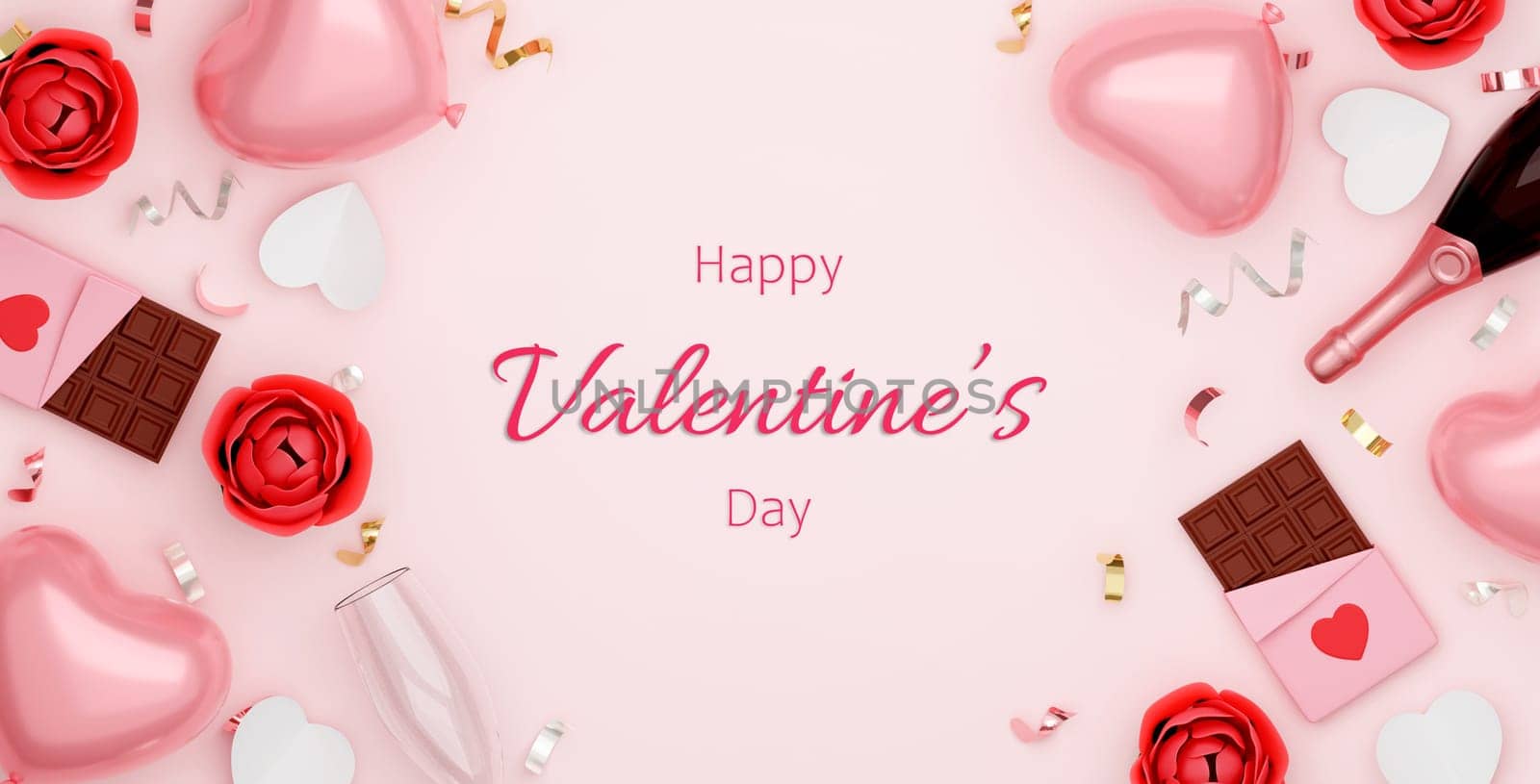 Happy Valentines day Mother's Day background with text copy space with realistic heart balloon, champagne and rose gold confetti. Top view. 3D rendering illustration.