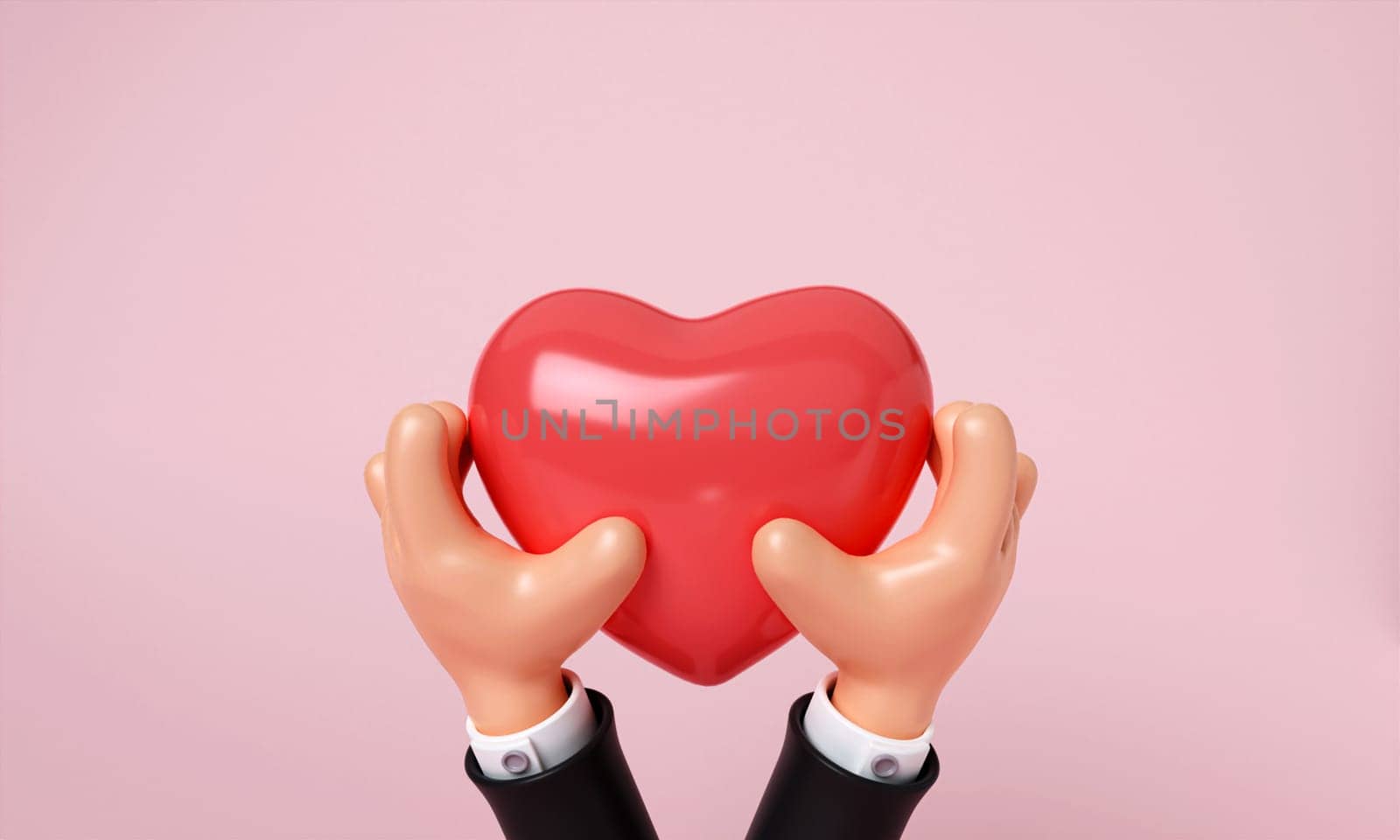 Cartoon Hands holding a red heart on pink background, heart donate concept, world health day, charity donation, 3D render illustration.