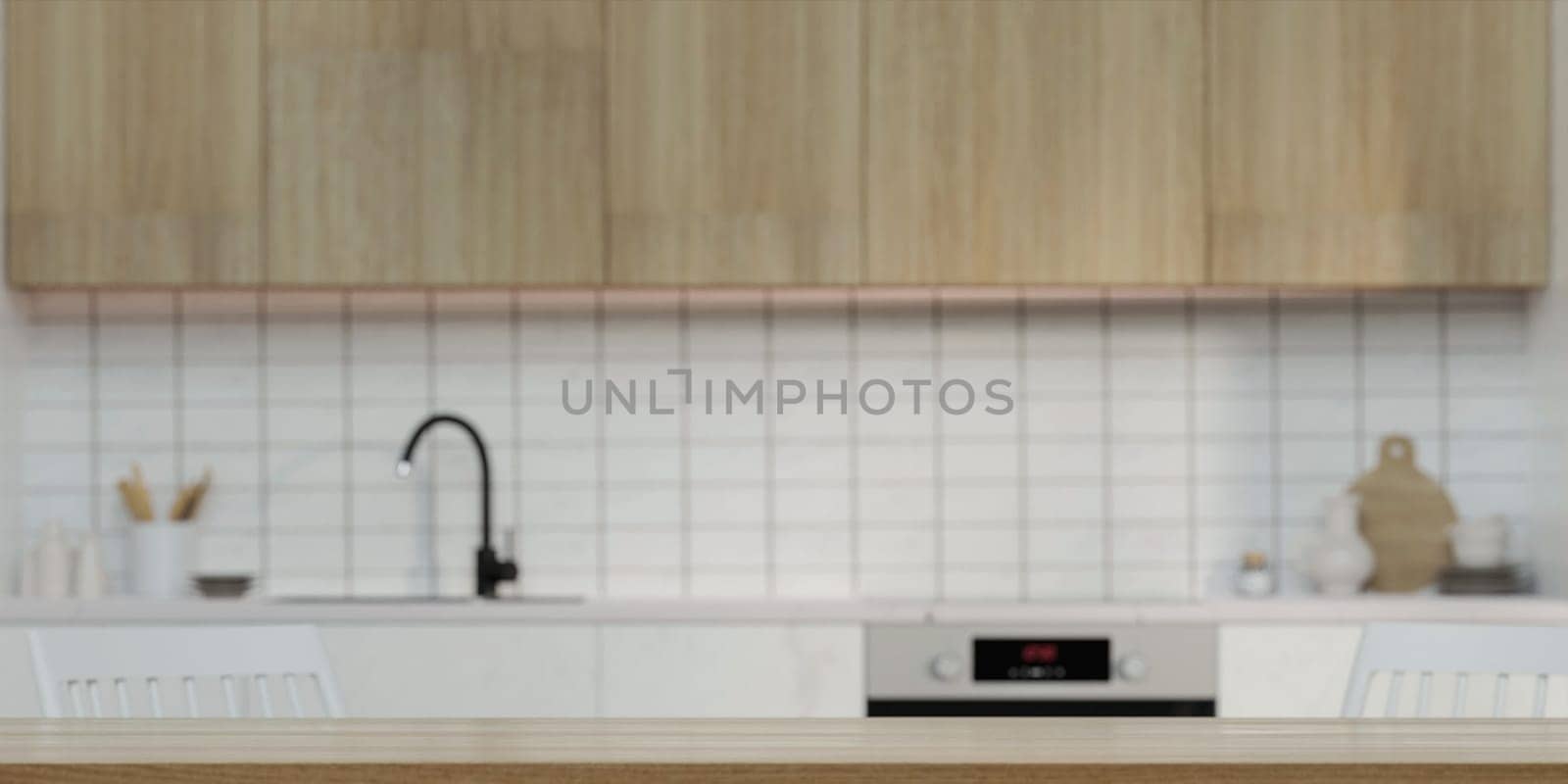 Modern empty wooden table top or kitchen island for montage product display on blurry Scandinavian kitchen room interior background. 3d rendering illustration.