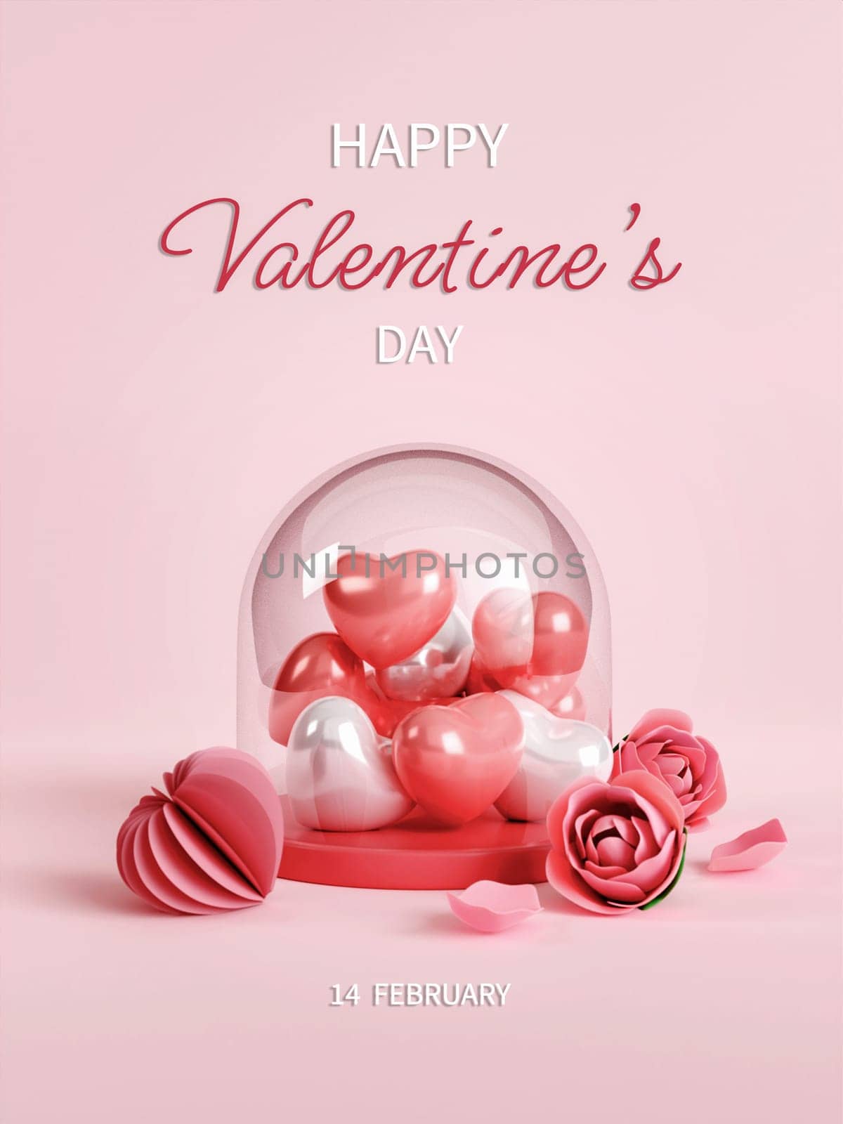 Valentines Day vertical social media story post with different types of hearts on a pink background and copy space in 3D rendering illustration. Love and romantic concept.