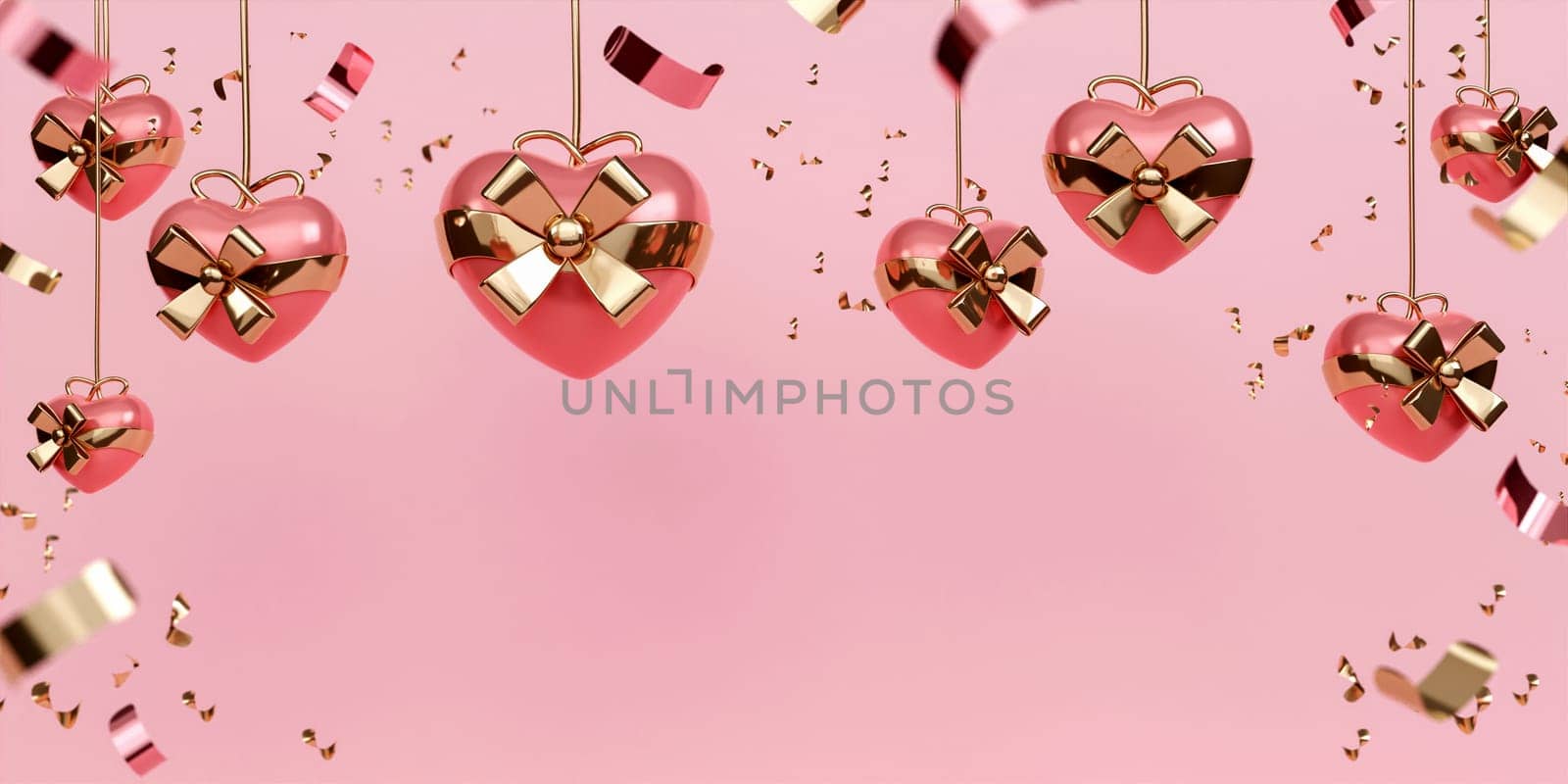 Valentines Day with hanging gift box heart shape decor pink background. Holiday illustration banner with copy space. for valentine and mother day anniversary design. 3d rendering illustration by meepiangraphic