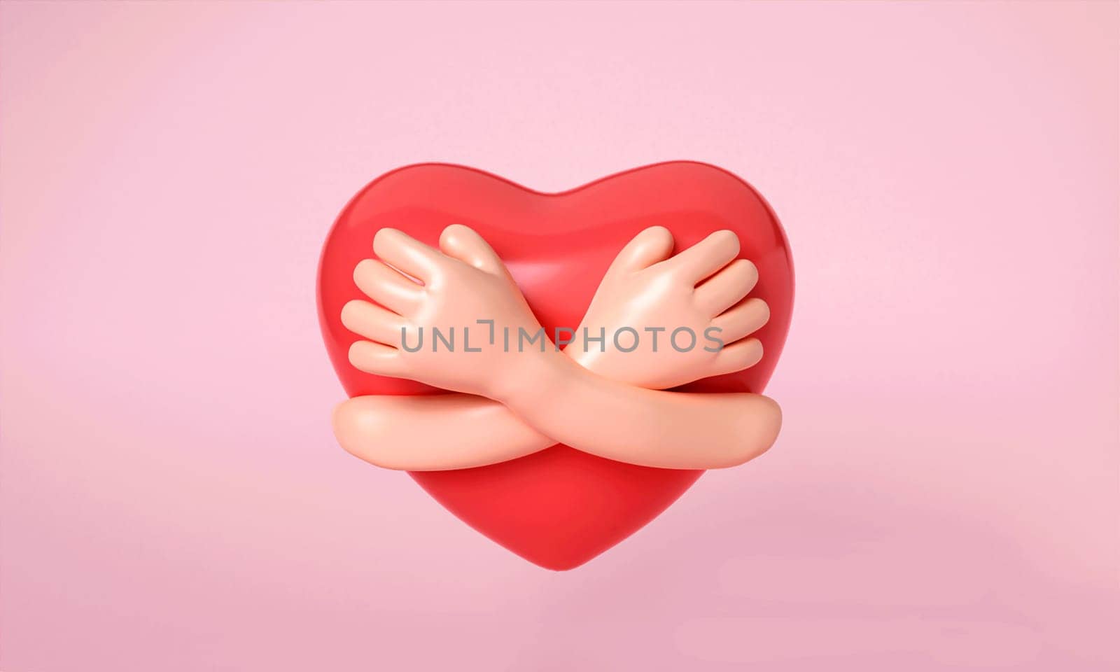 3D hands hugging a red heart with love. Hand embracing red heart on pink background. love yourself. Used for posters, postcards, World Heart Day. 3D render illustration by meepiangraphic