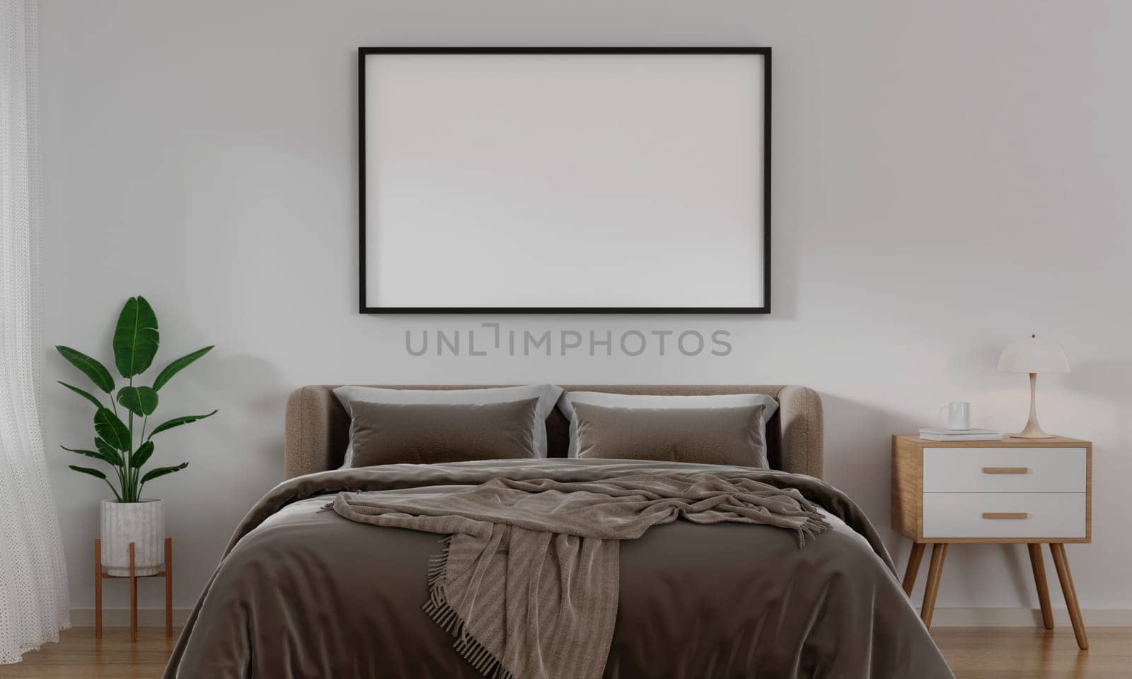 Frame horizontal frame mockup in cozy bedroom interior. 3d render illustration.