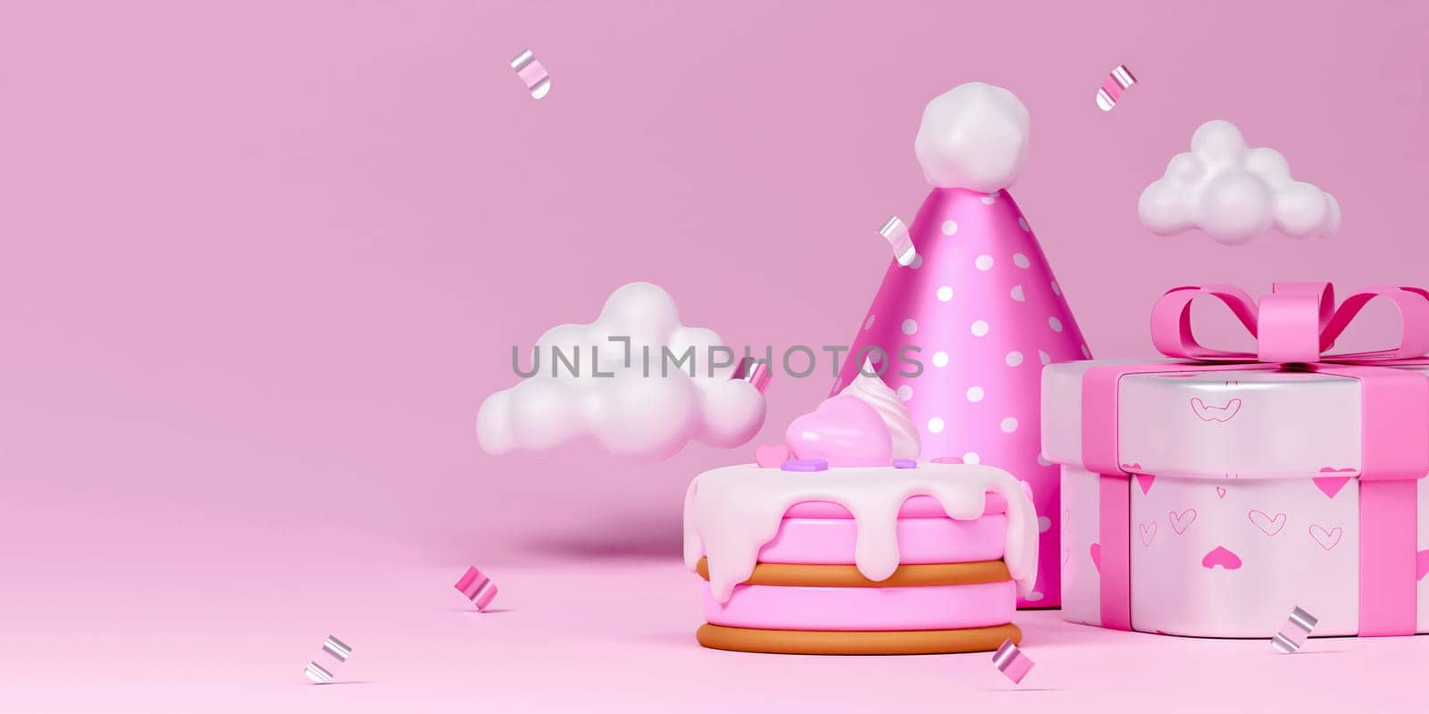 Valentine love cake stand with party hat and gift boxes around. 3d scene design. Suitable for Valentine's Day and Mother's Day. 3D rendering illustration.